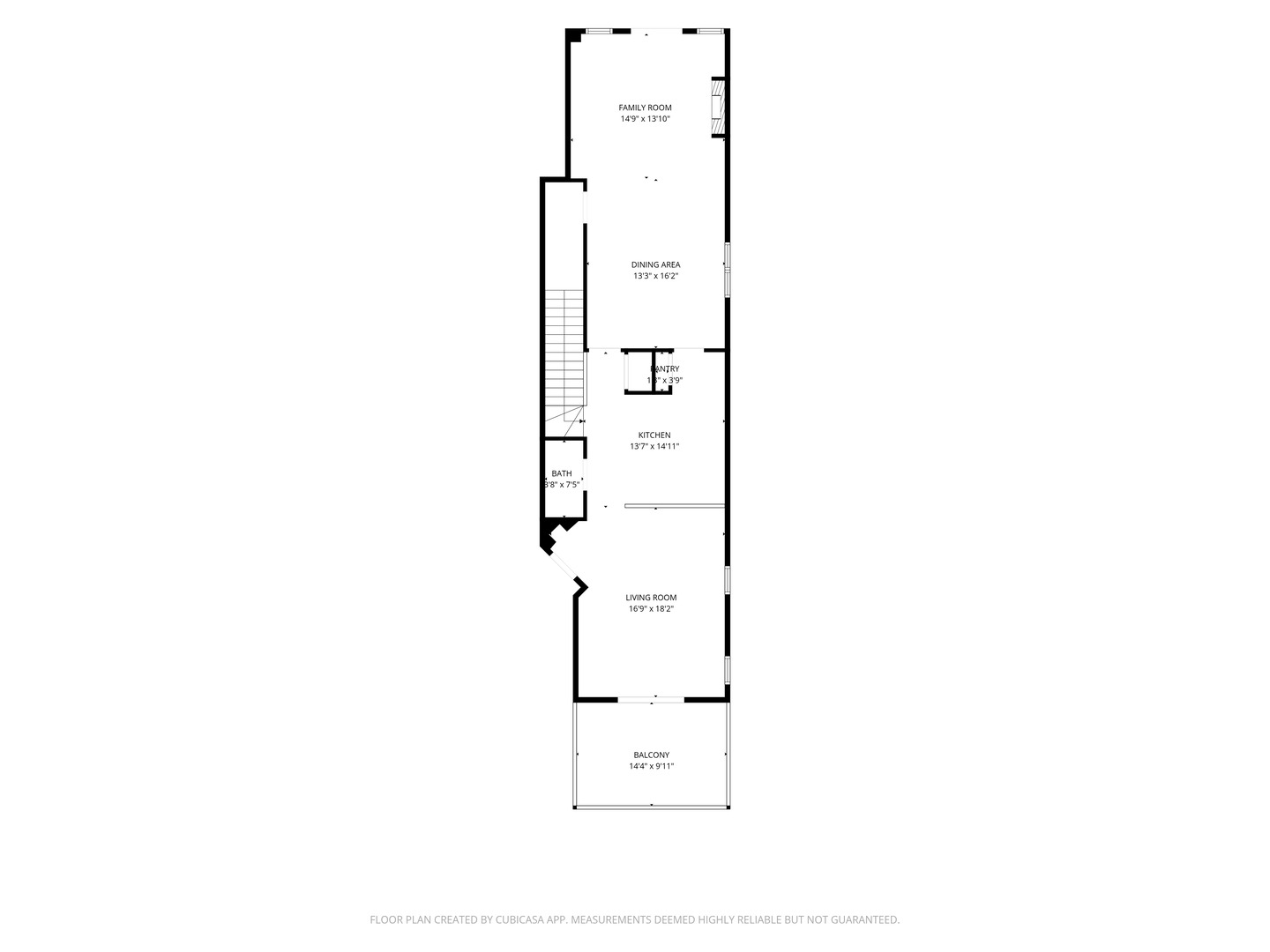 Floor plan showing a kitchen, dining area, family room, living room, bath, and balcony.