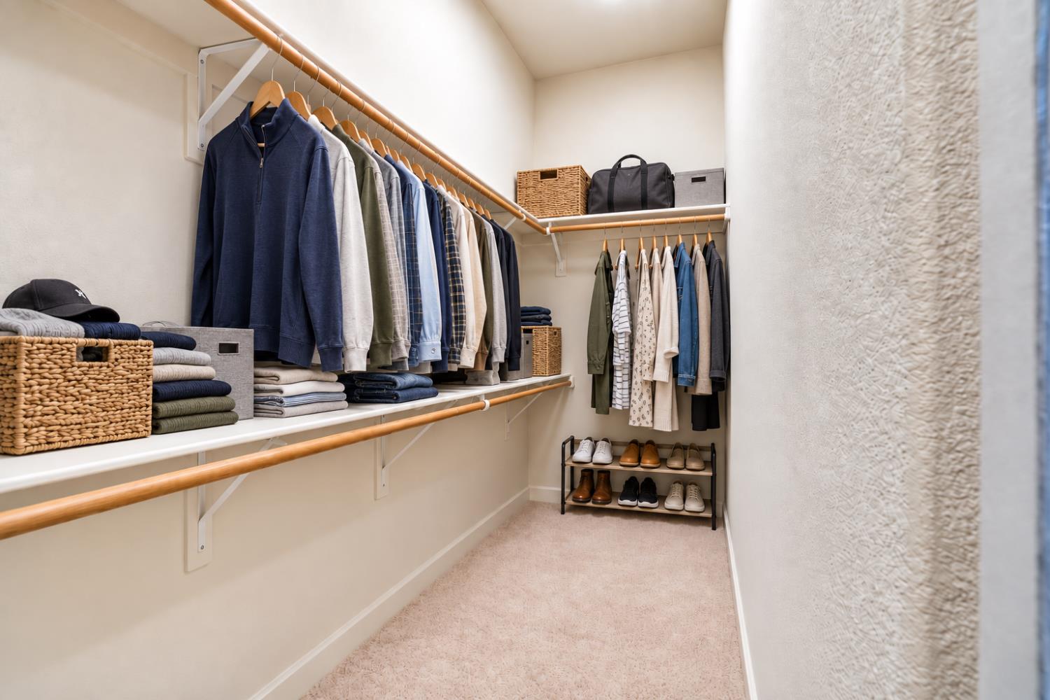Walk-in closet with wooden hanging rails, organized clothing, storage baskets, and a shoe rack.