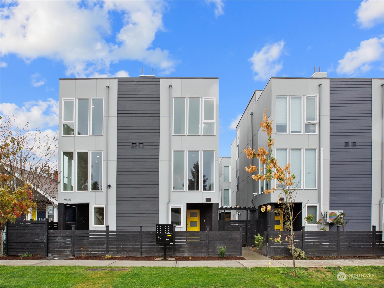 Modern white and charcoal townhouses behind black fencing, with yellow doors and a young autumn tree.