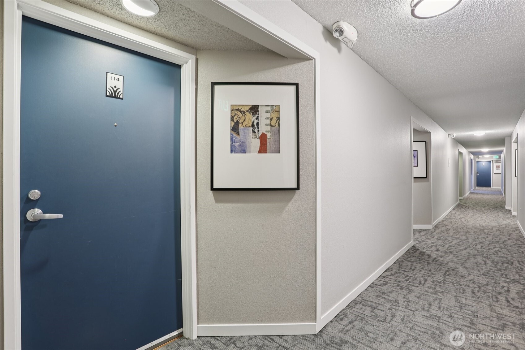 Condominium hallway with a blue door marked 114, framed artwork, and patterned gray carpet.