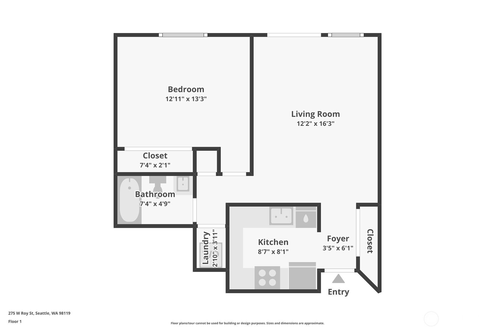Floor plan showing the unit’s bedroom, living room, kitchen, bathroom, laundry area, closets, foyer, and entry.