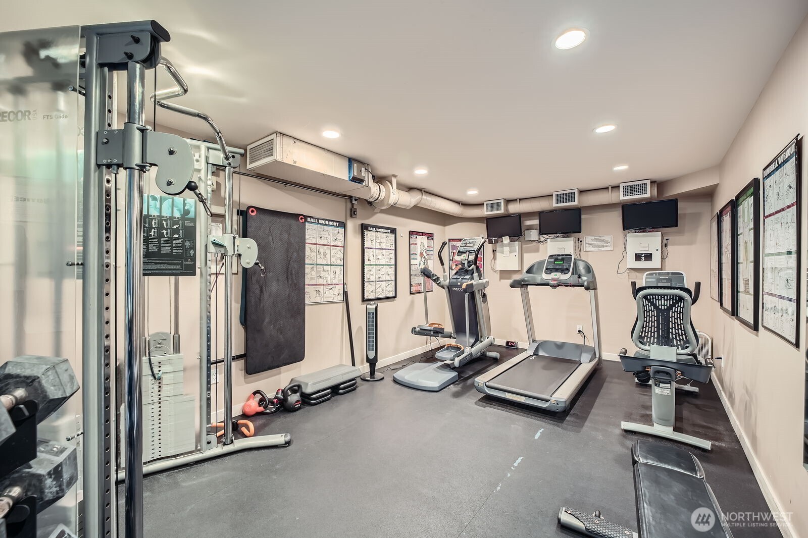 Fitness room with cardio machines, a cable weight station, free weights, and workout posters.