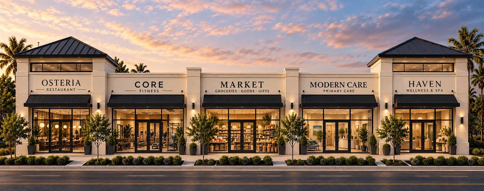 Commercial plaza with five illuminated storefronts, including a restaurant, fitness studio, market, clinic, and spa.
