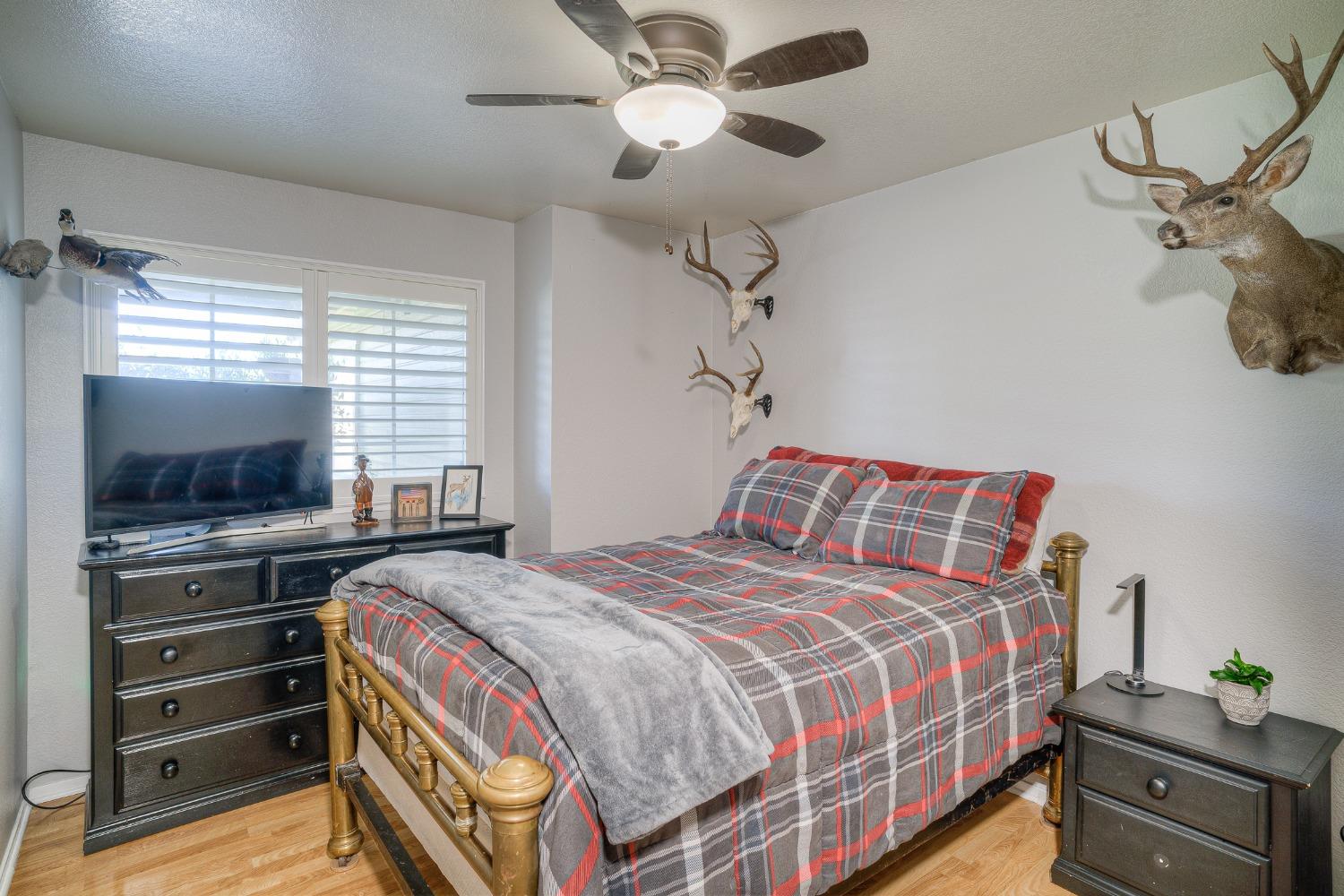 Bedroom with plaid bedding, brass bed frame, dark dressers, and mounted deer heads.
