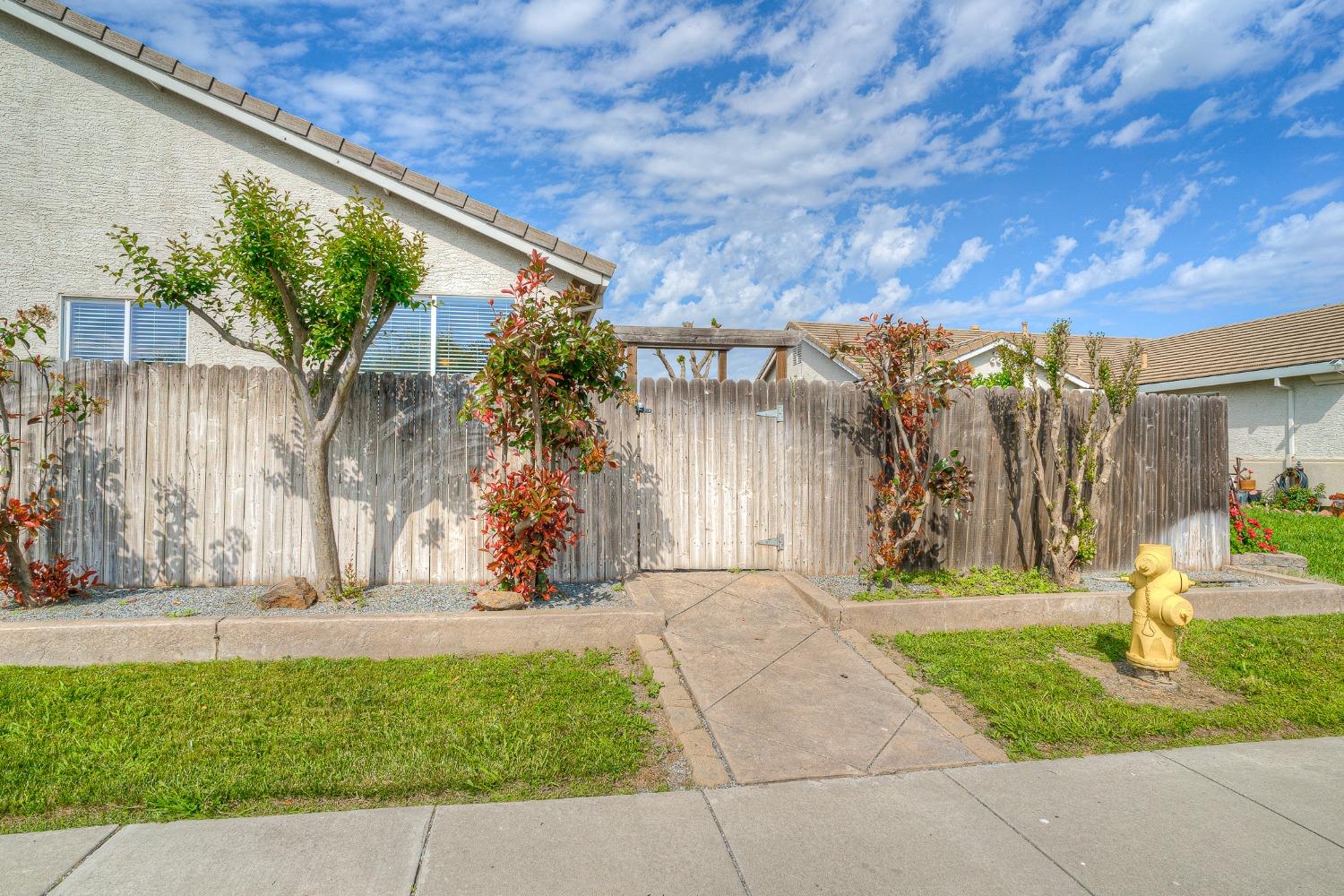 Backyard gate and walkway bordered by a wooden privacy fence and lawn.