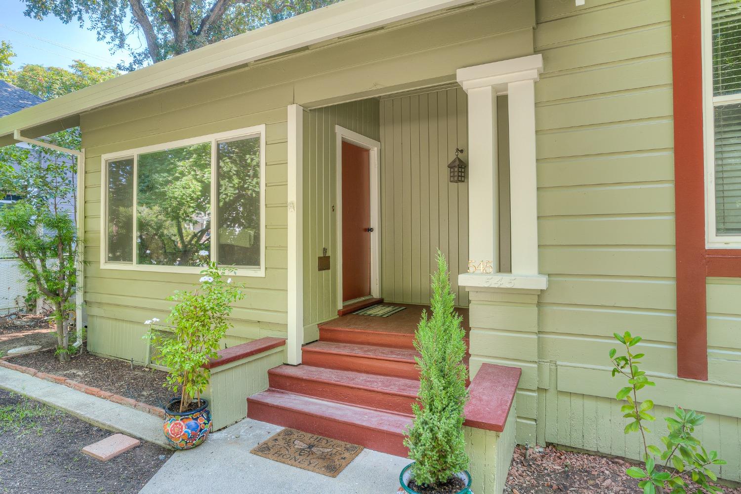 Pale green house entrance with red steps, a recessed doorway, and potted plants.