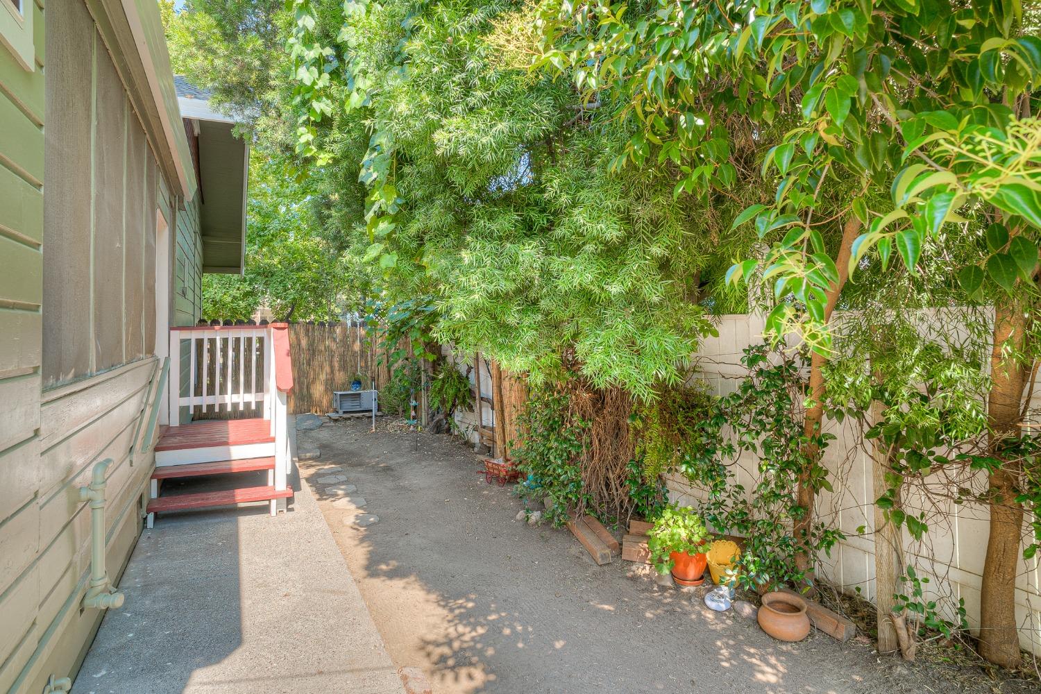 Shaded side yard with a small red-and-white deck, potted plants, and dense greenery.