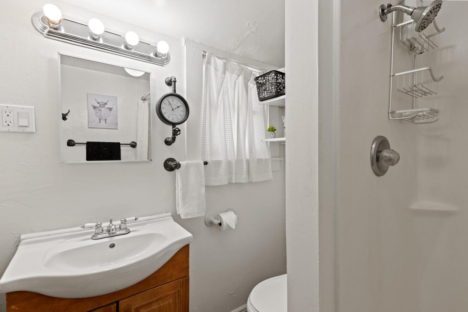 Bathroom with a wood-front vanity, white sink, shower curtain, and metal shower caddy.