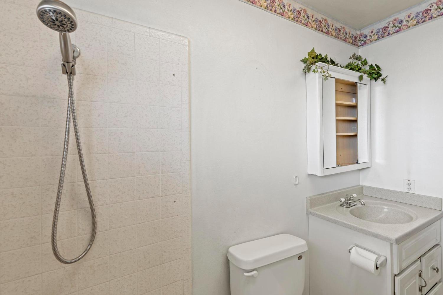 Bathroom with tiled shower, white toilet, sink vanity, and floral border near the ceiling.