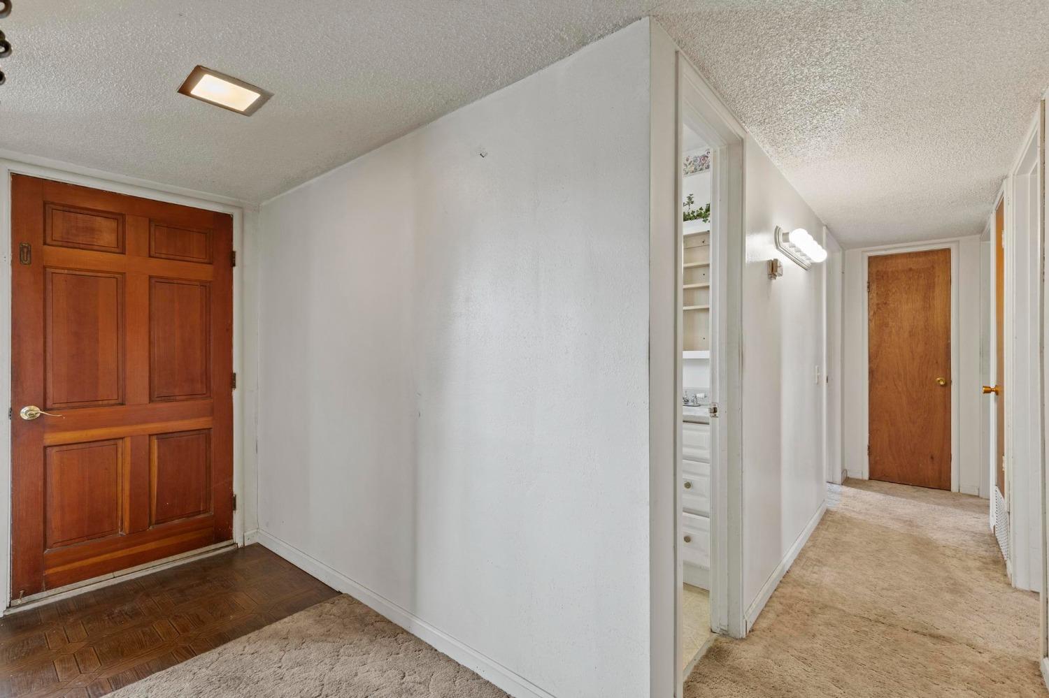 Entryway with a paneled wood front door and carpeted hallway.