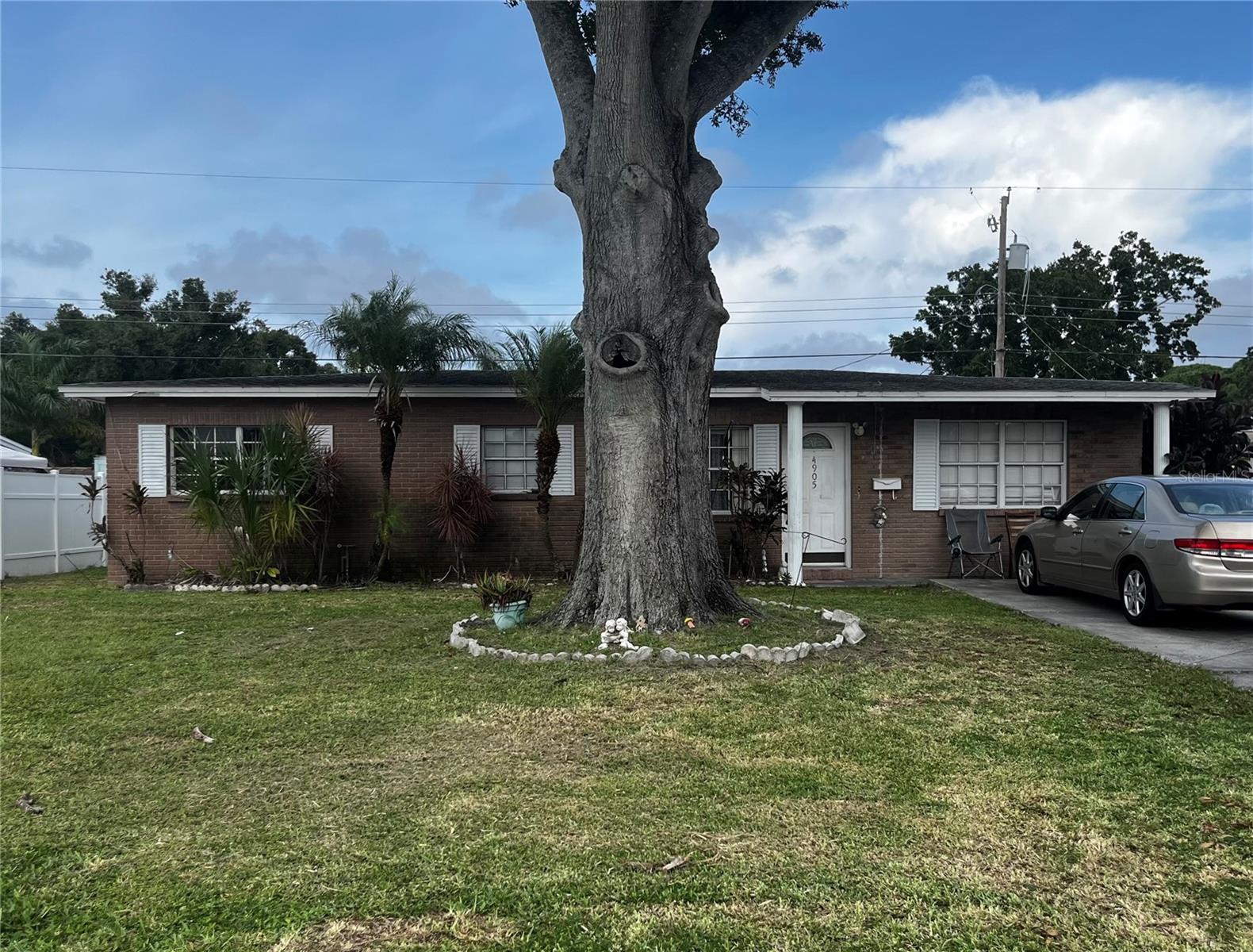 Single-story brick house partly obscured by a large tree in the front lawn.