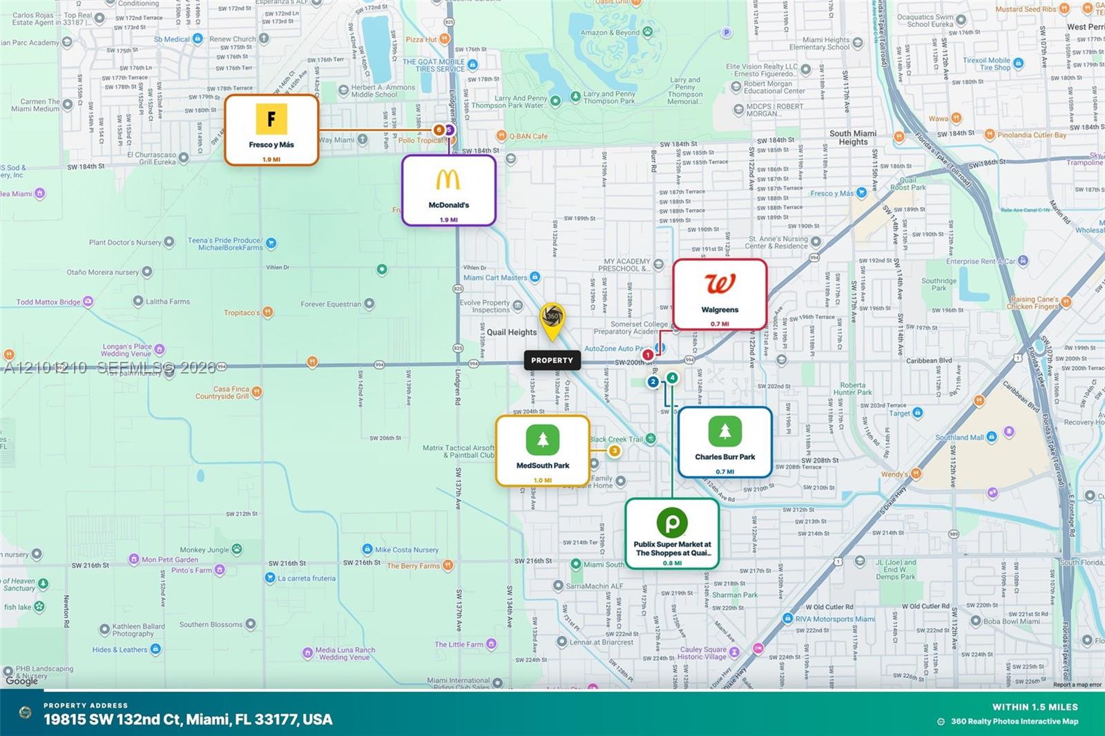 Map of 19815 SW 132nd Ct, Miami, with nearby parks, stores, and businesses marked by distance.