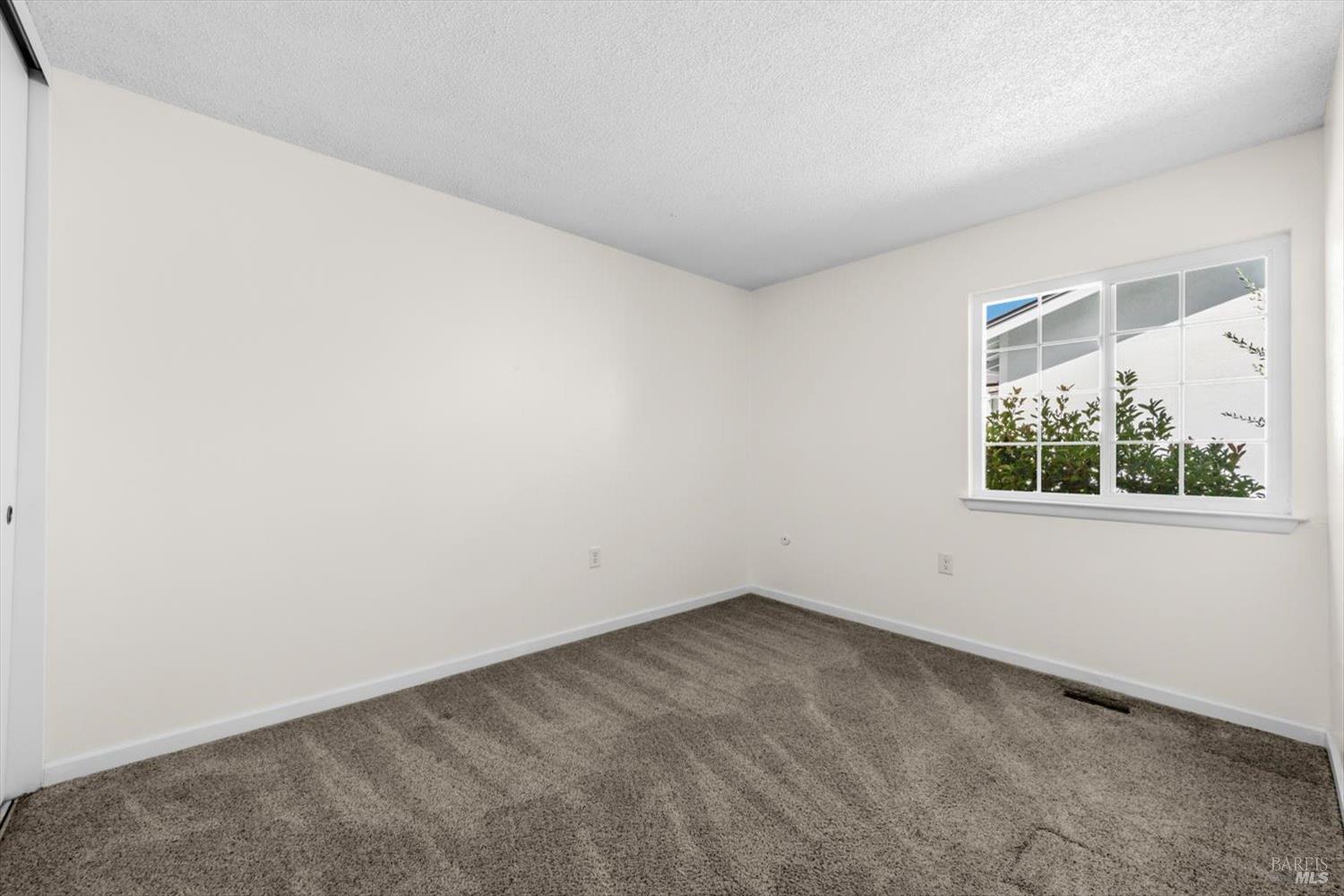 Empty carpeted room with a white-trimmed multi-pane window.