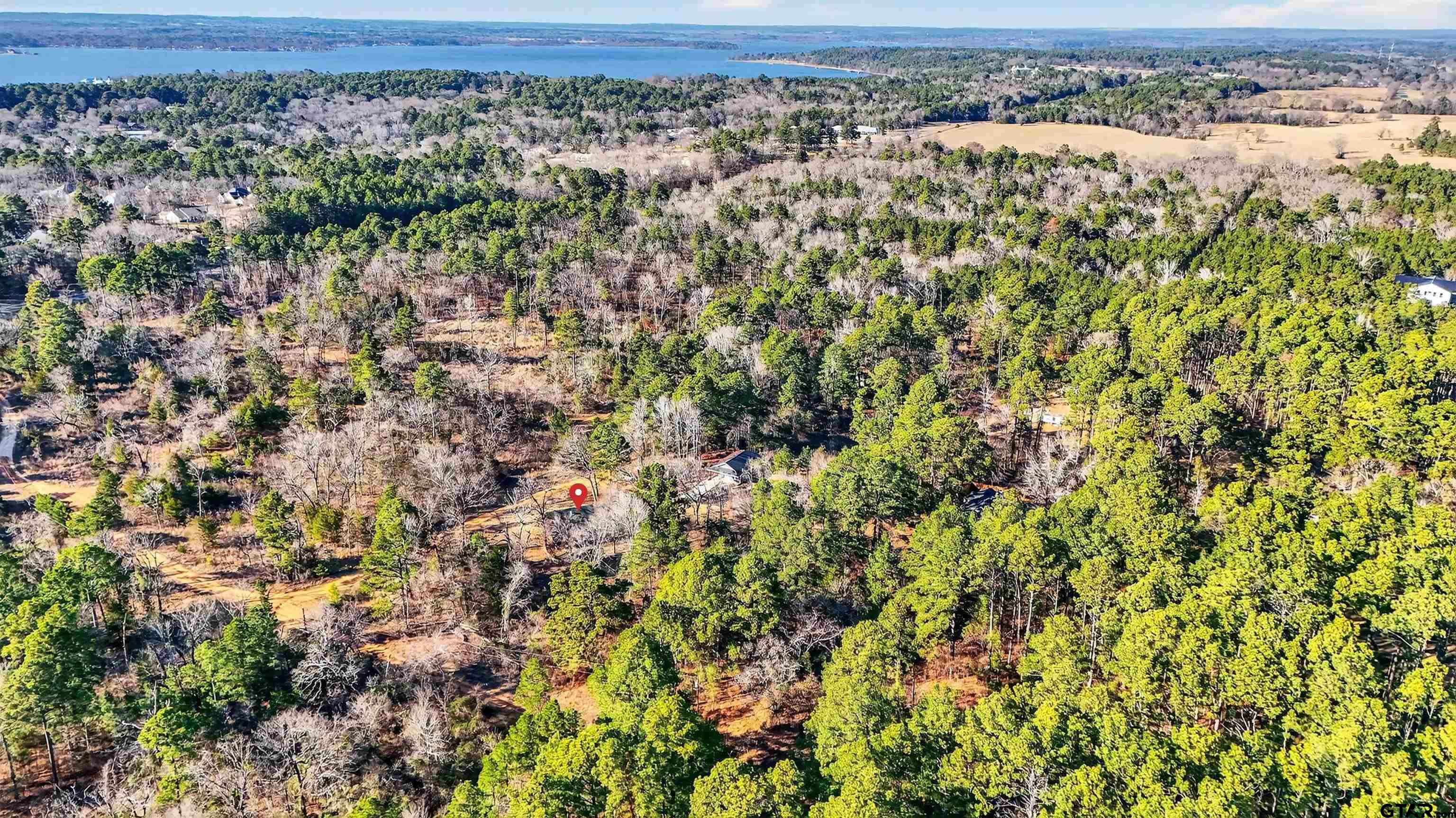 Aerial view of a wooded homesite marked by a red pin, with a lake in the distance.