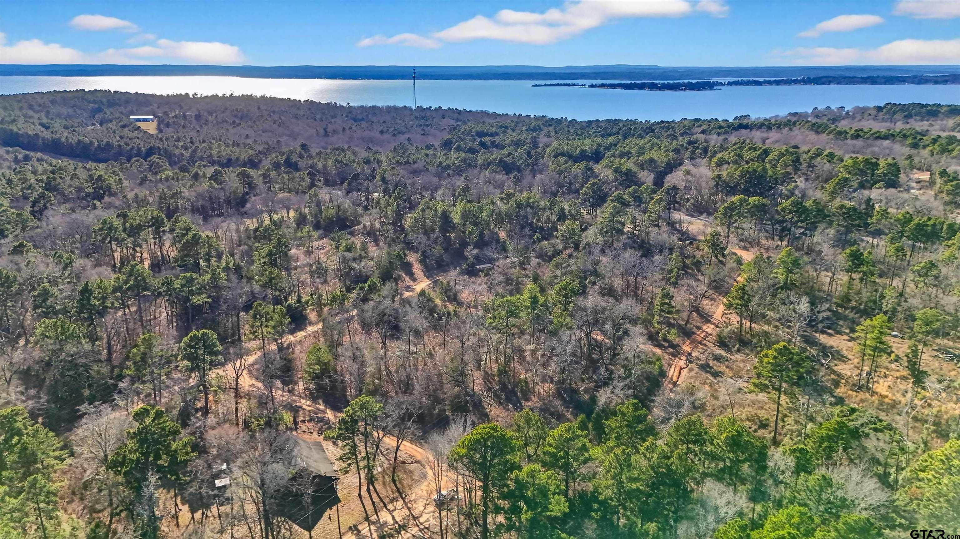 Aerial view of wooded property with winding dirt roads and a lake beyond.