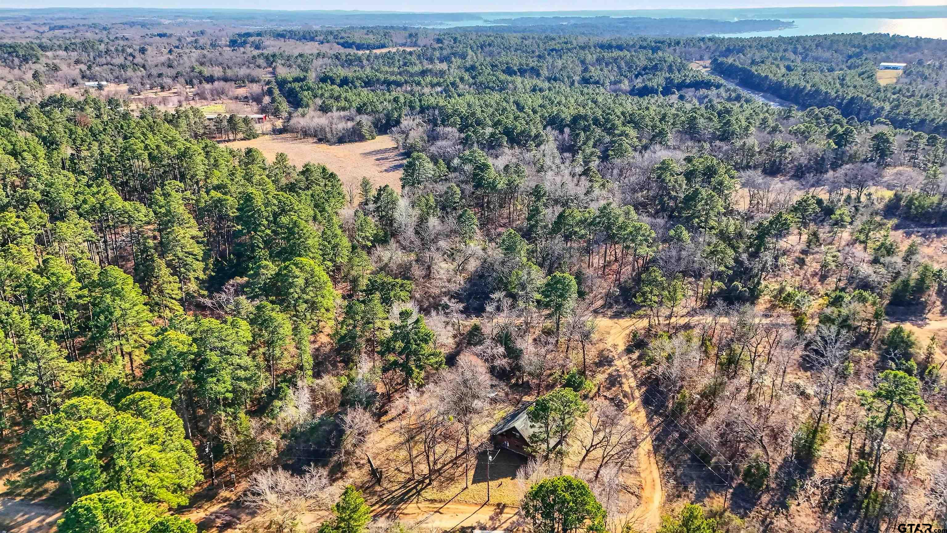 Aerial view of a wooded property with a winding dirt driveway and distant water.