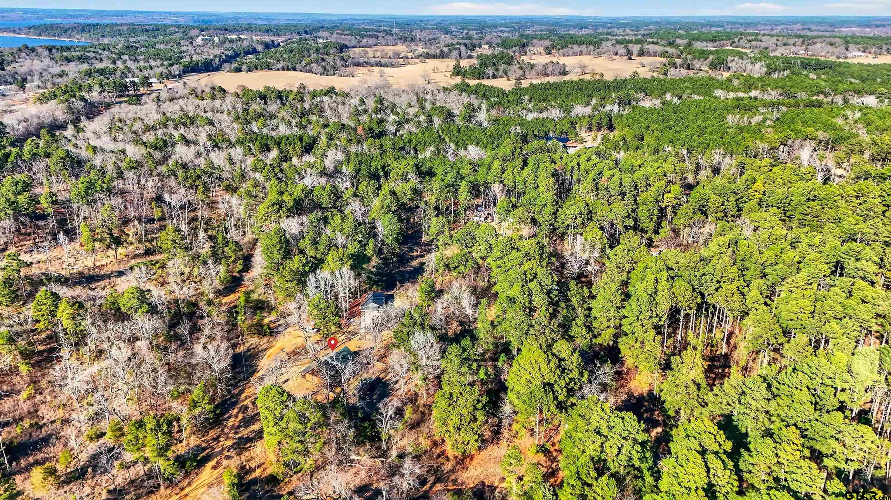 Aerial view of a wooded property with a small house surrounded by dense forest.