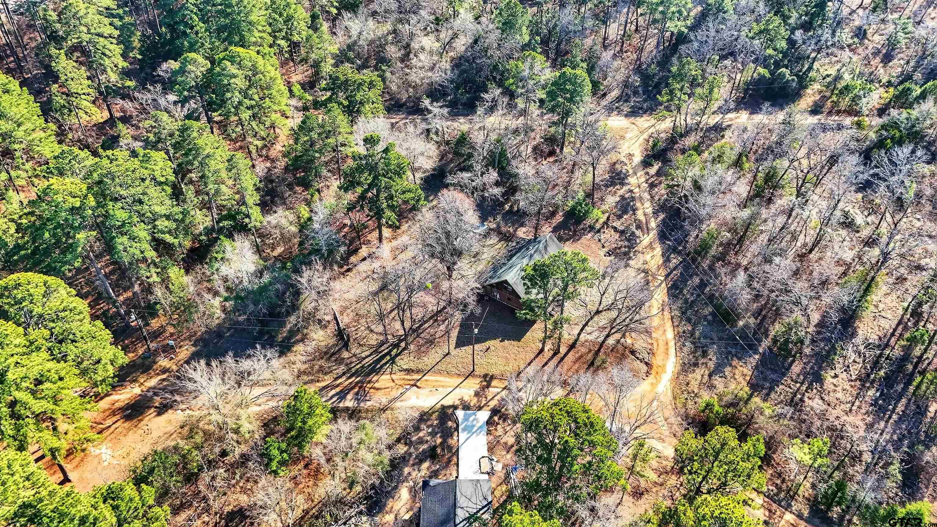 Aerial view of a wooded home and long dirt driveway among bare trees and evergreens.