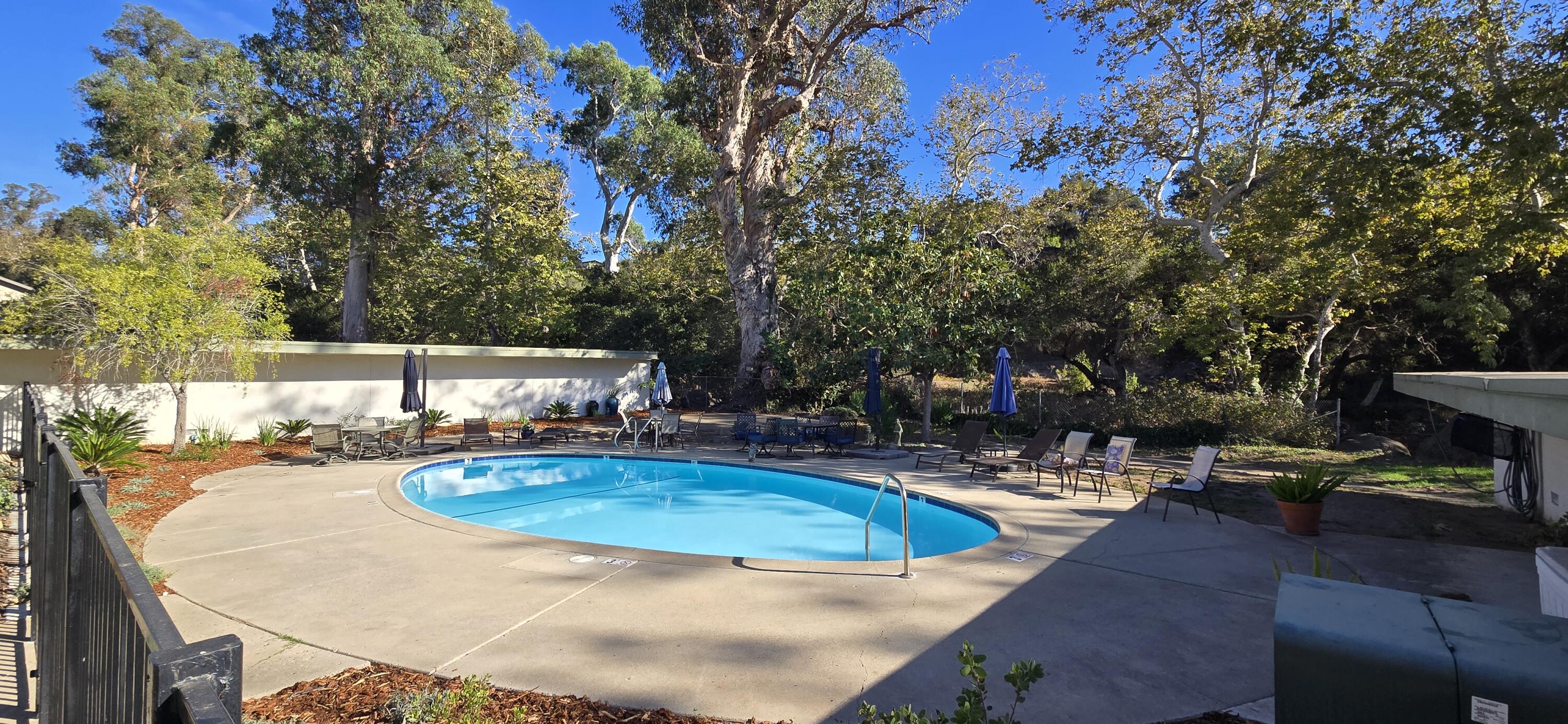Outdoor pool with lounge chairs and closed umbrellas beneath mature trees.
