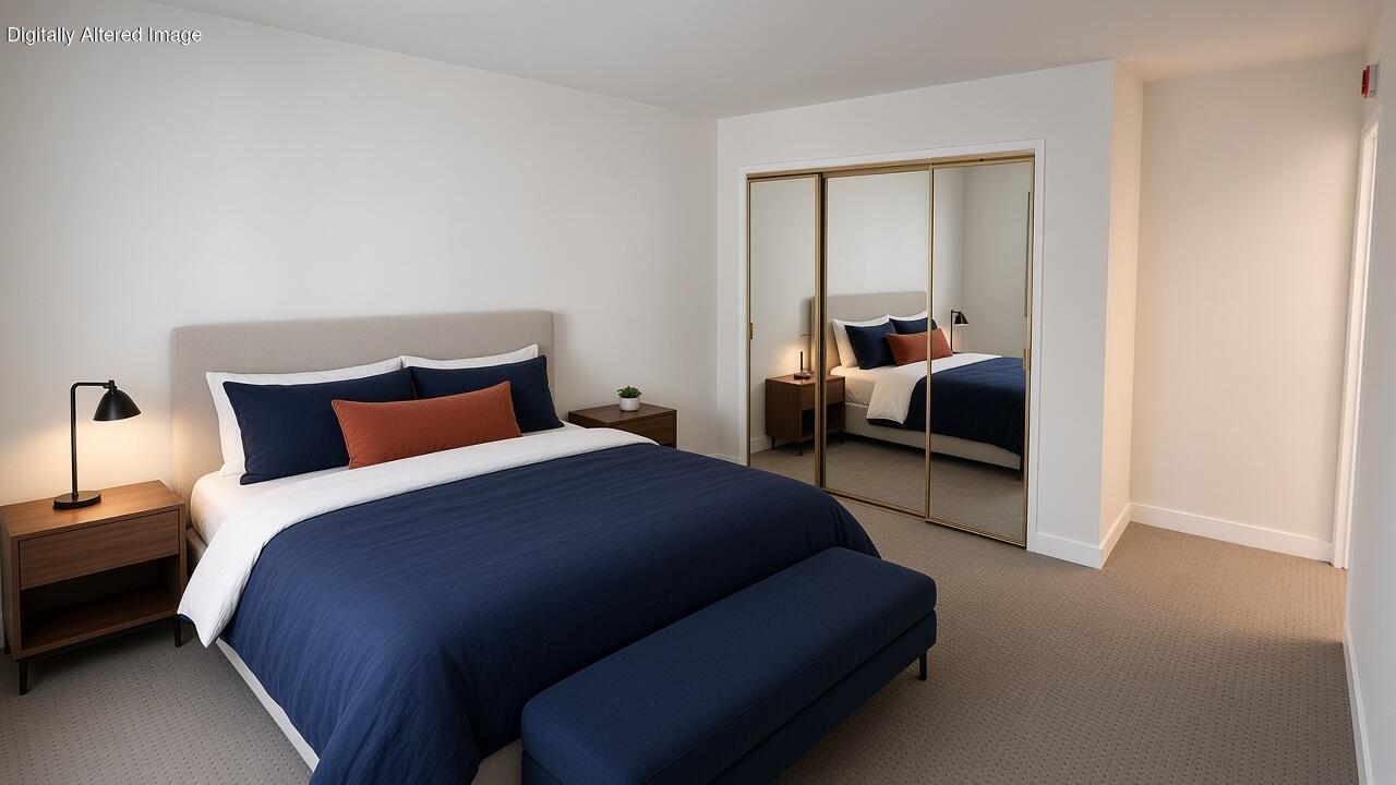 Bedroom with navy bedding, a bench, and mirrored sliding closet doors.