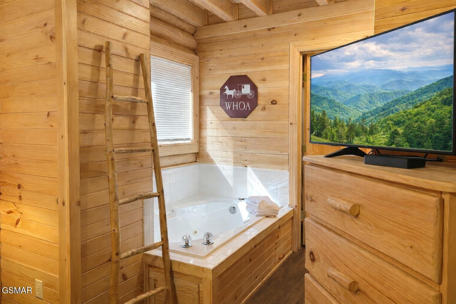 Cabin bathroom with a jetted tub, wooden ladder, and television showing a mountain landscape.