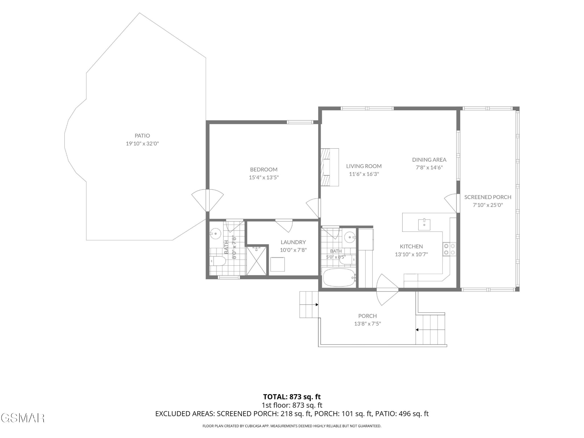 Floor plan showing a bedroom, two bathrooms, laundry, open living and dining area, kitchen, porches, and patio.