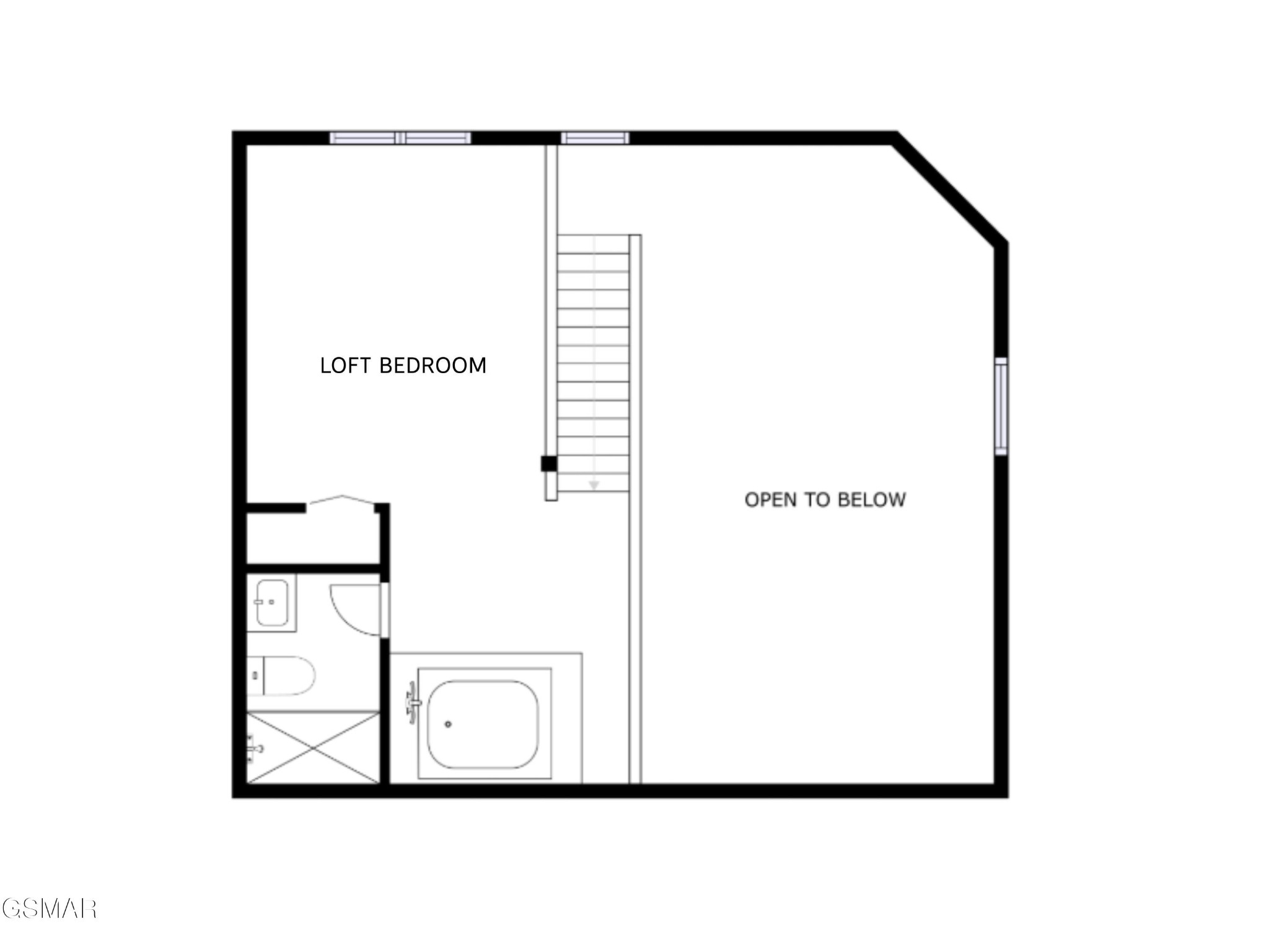 Upper-level floor plan with a loft bedroom, bathroom, stairs, and an area open to below.