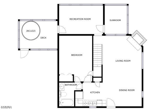 Floor plan with a deck and jacuzzi, recreation room, sunroom, bedroom, and open living, dining, and kitchen areas.