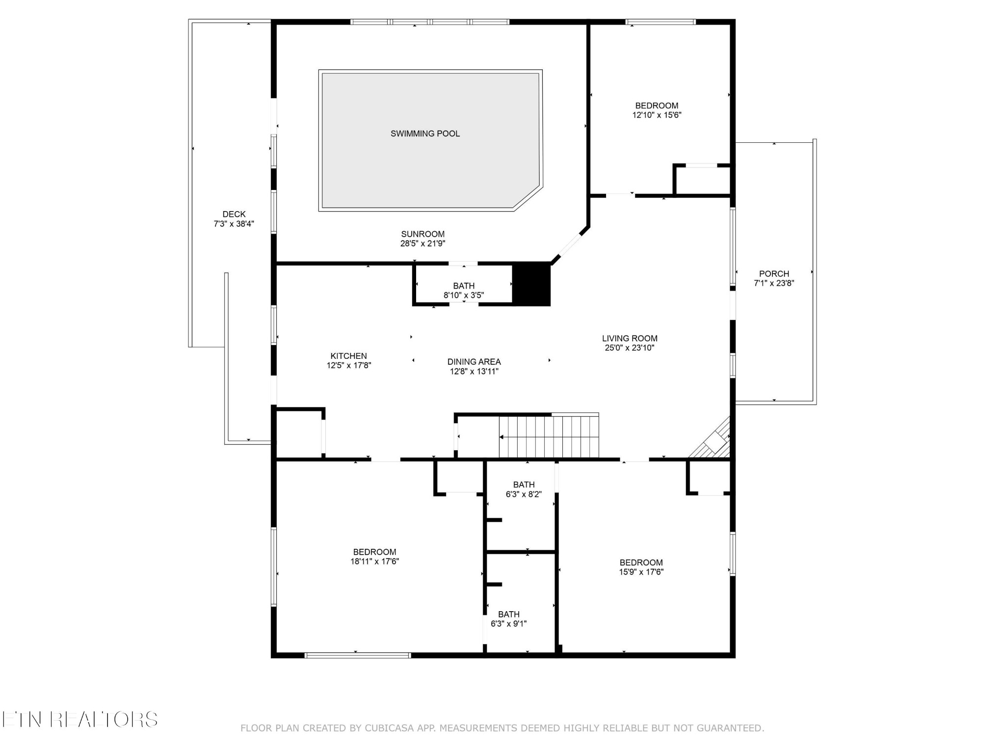 Floor plan showing three bedrooms, three bathrooms, a pool sunroom, kitchen, living and dining areas, deck and porch.
