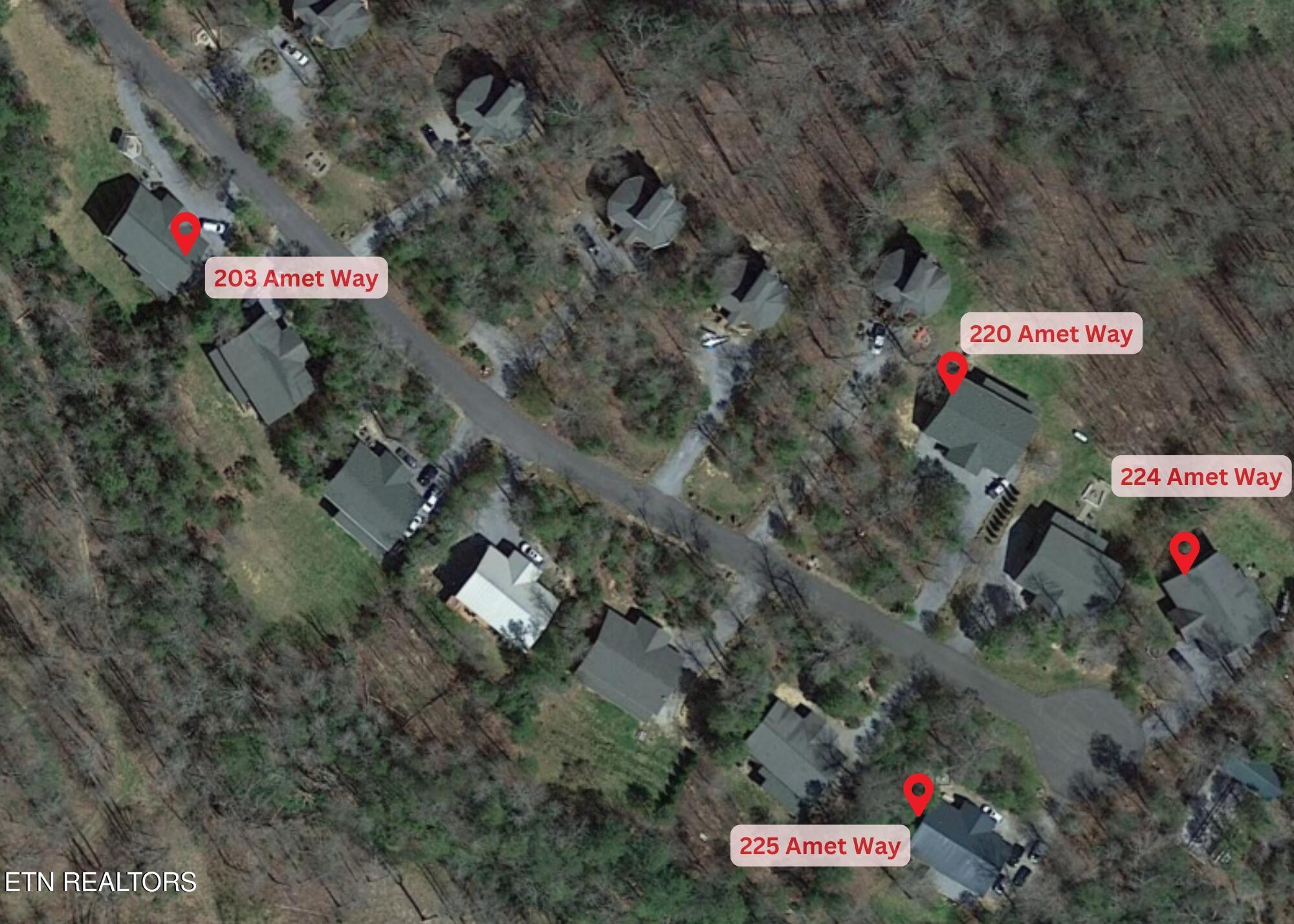 Aerial view marking 220 Amet Way among nearby homes on a wooded street.