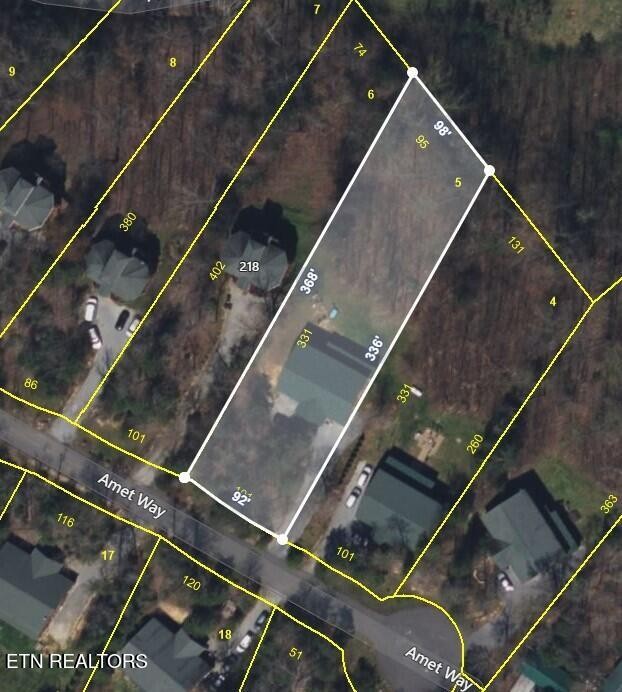 Aerial parcel map with a white outline marking a lot beside Amet Way.