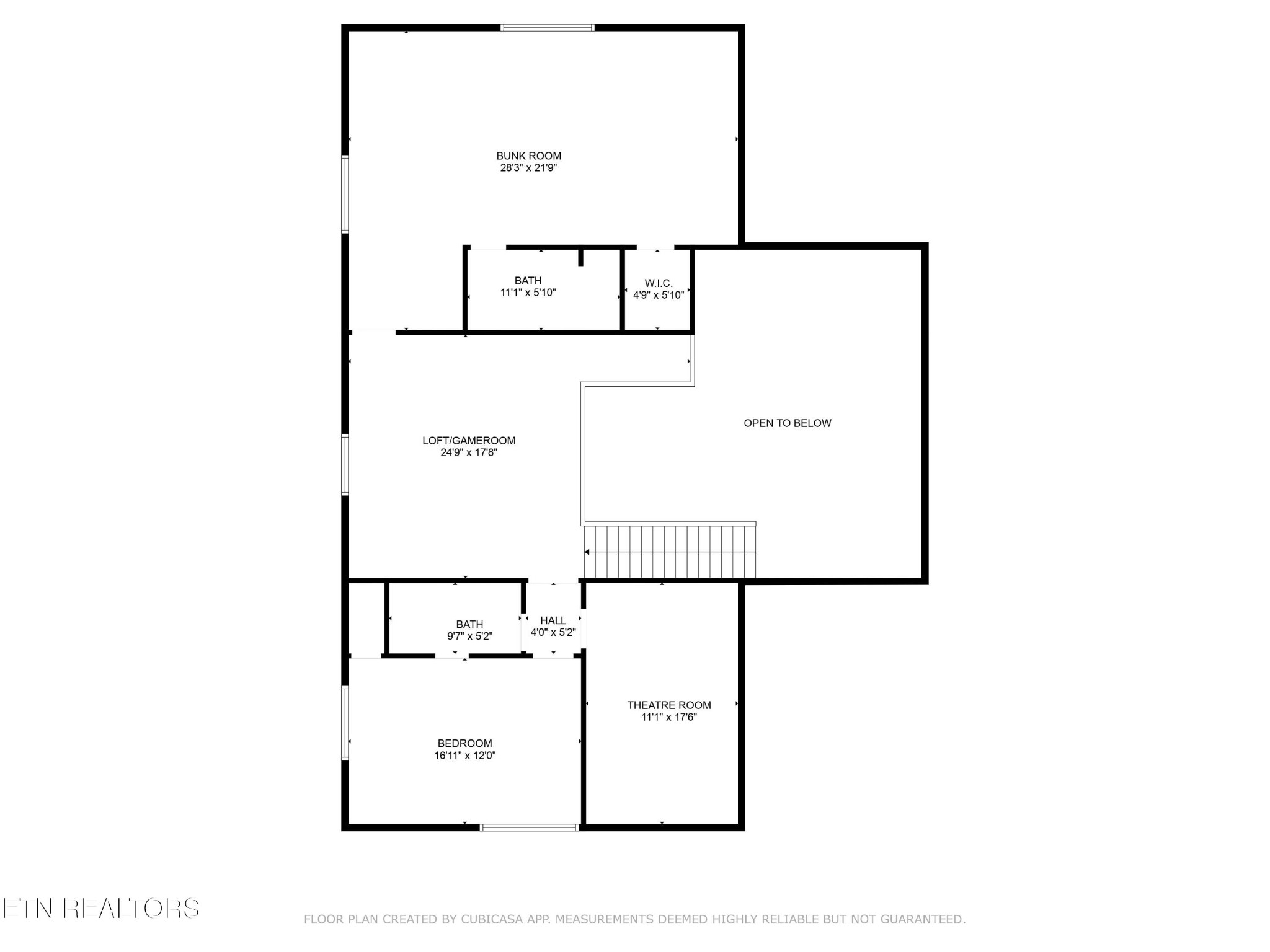 Second-floor floor plan with bunk room, loft/game room, bedroom, theatre room, and open-to-below area.