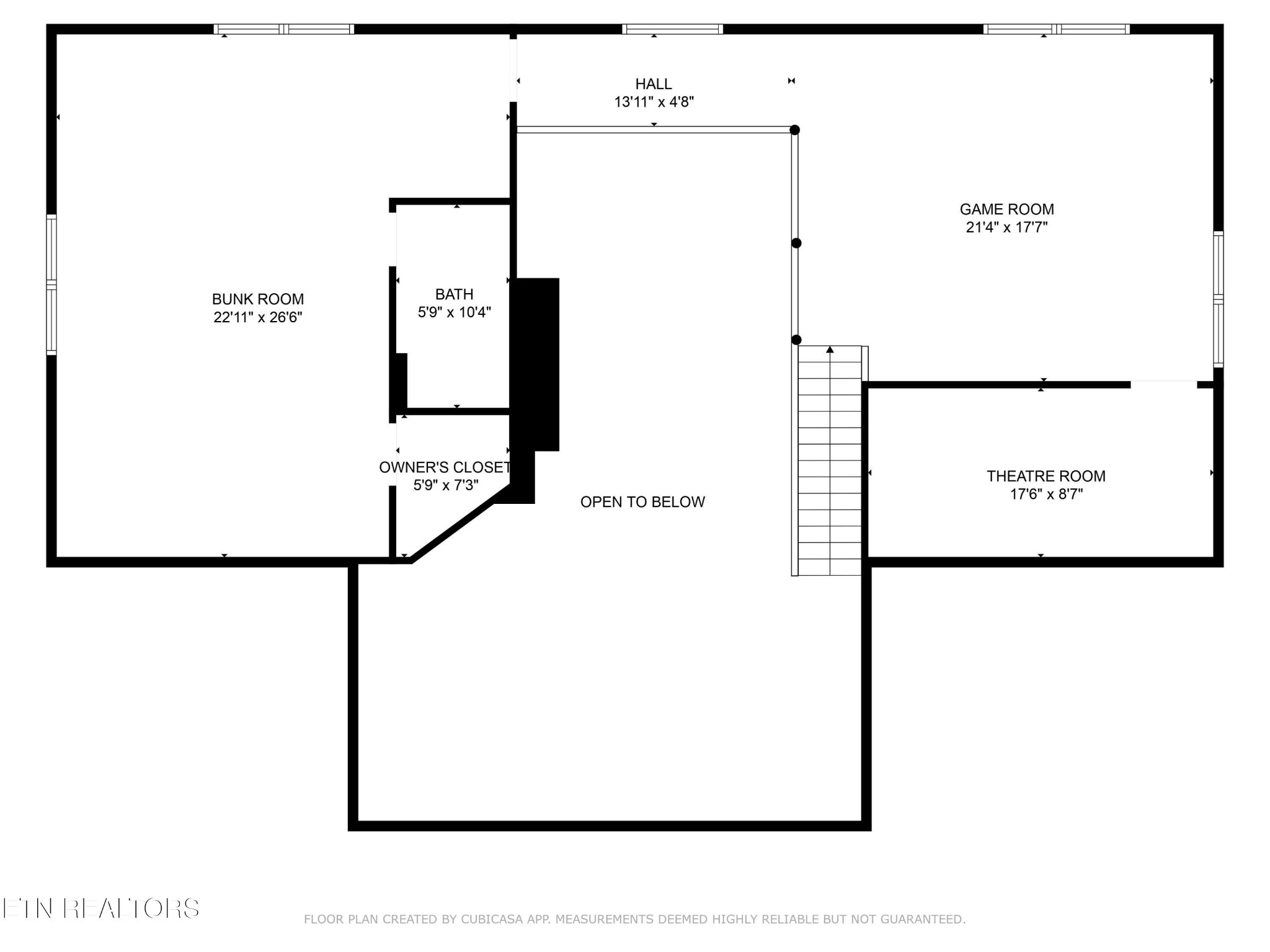 Second-floor floor plan with a bunk room, game room, theatre room, bath, and open-to-below area.