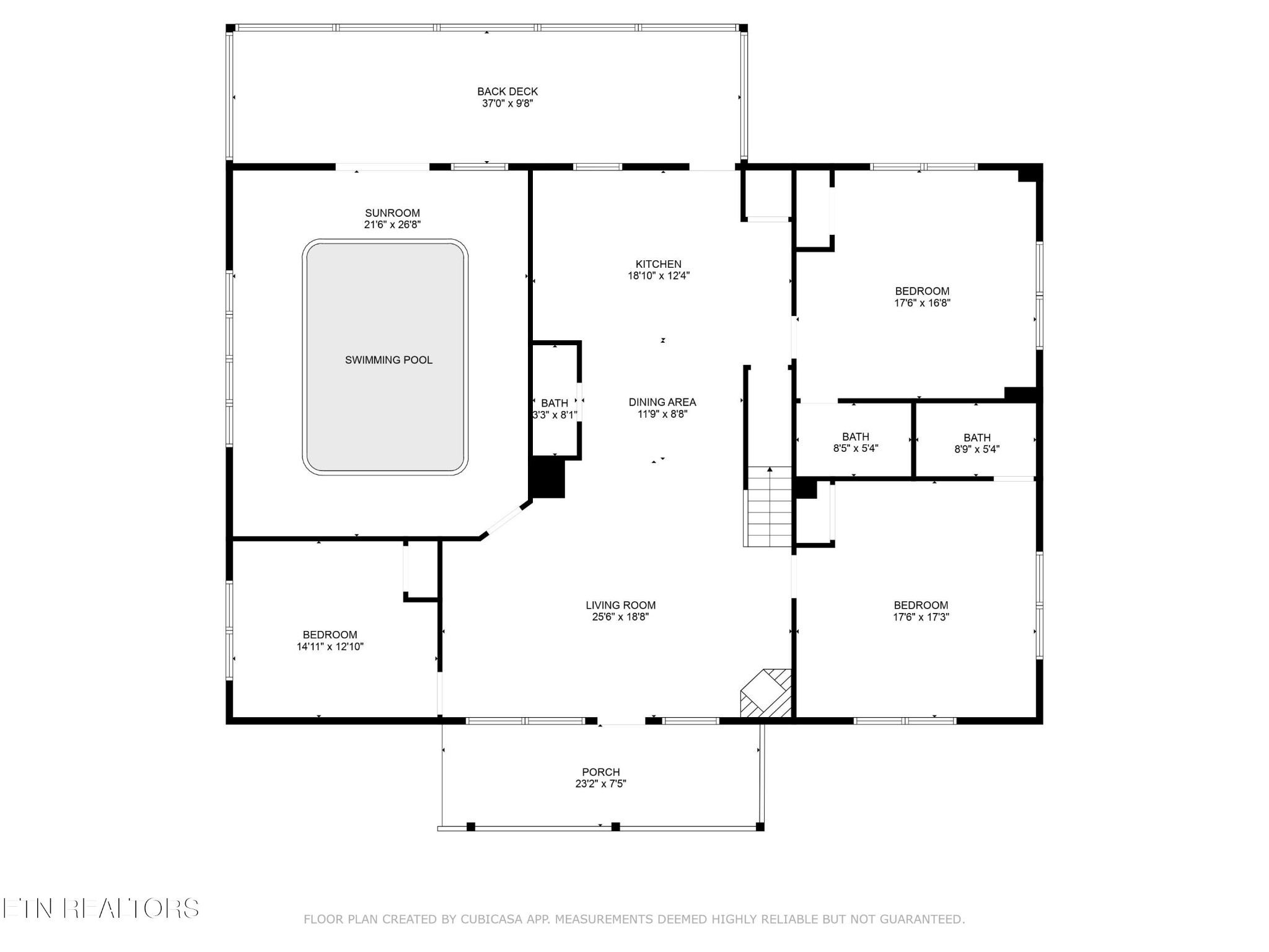 Floor plan showing three bedrooms, three bathrooms, a sunroom with pool, and front porch.