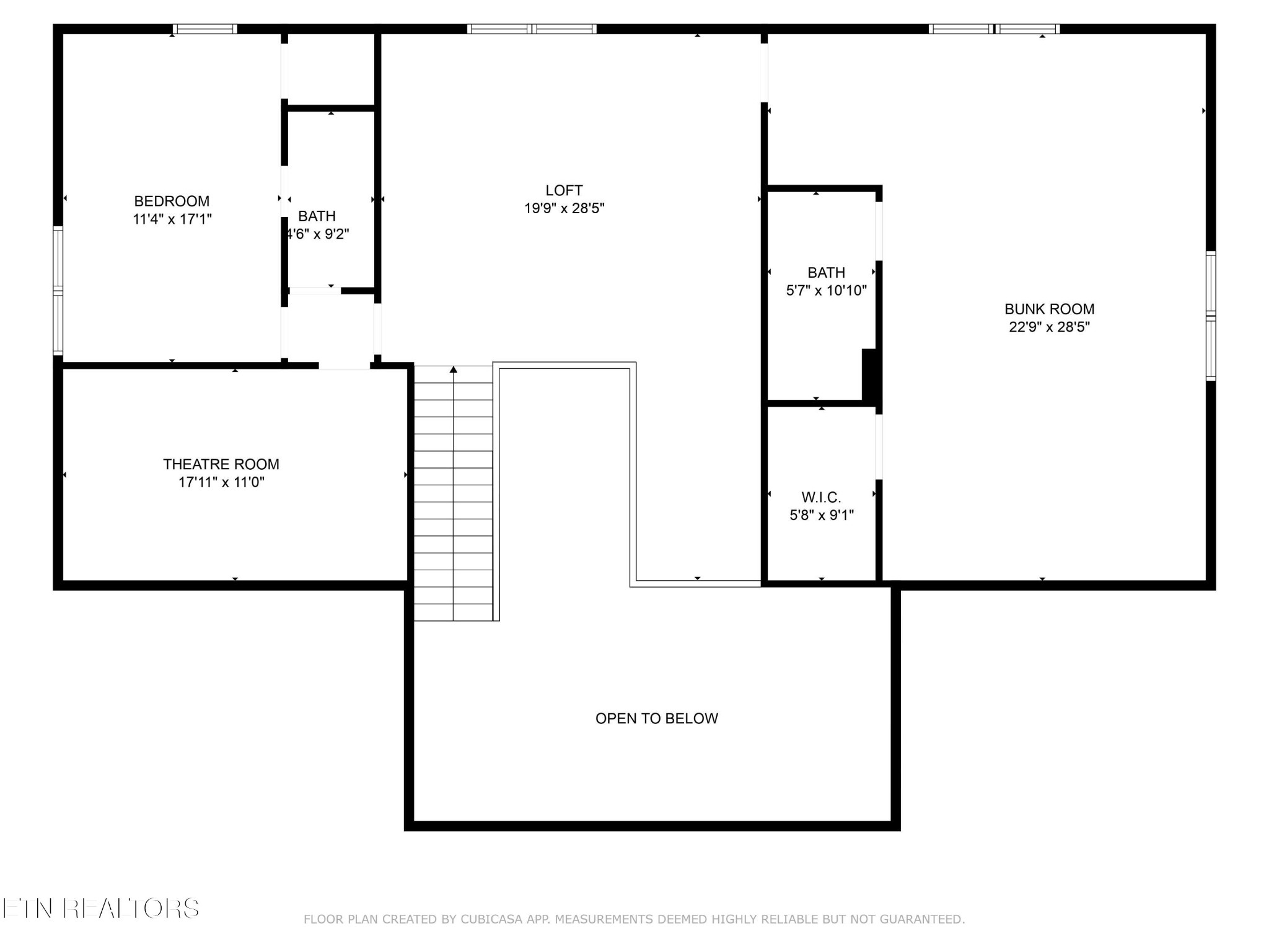 Upper-level floor plan with a loft, bunk room, theatre room, bedroom, two bathrooms, and open-to-below area.