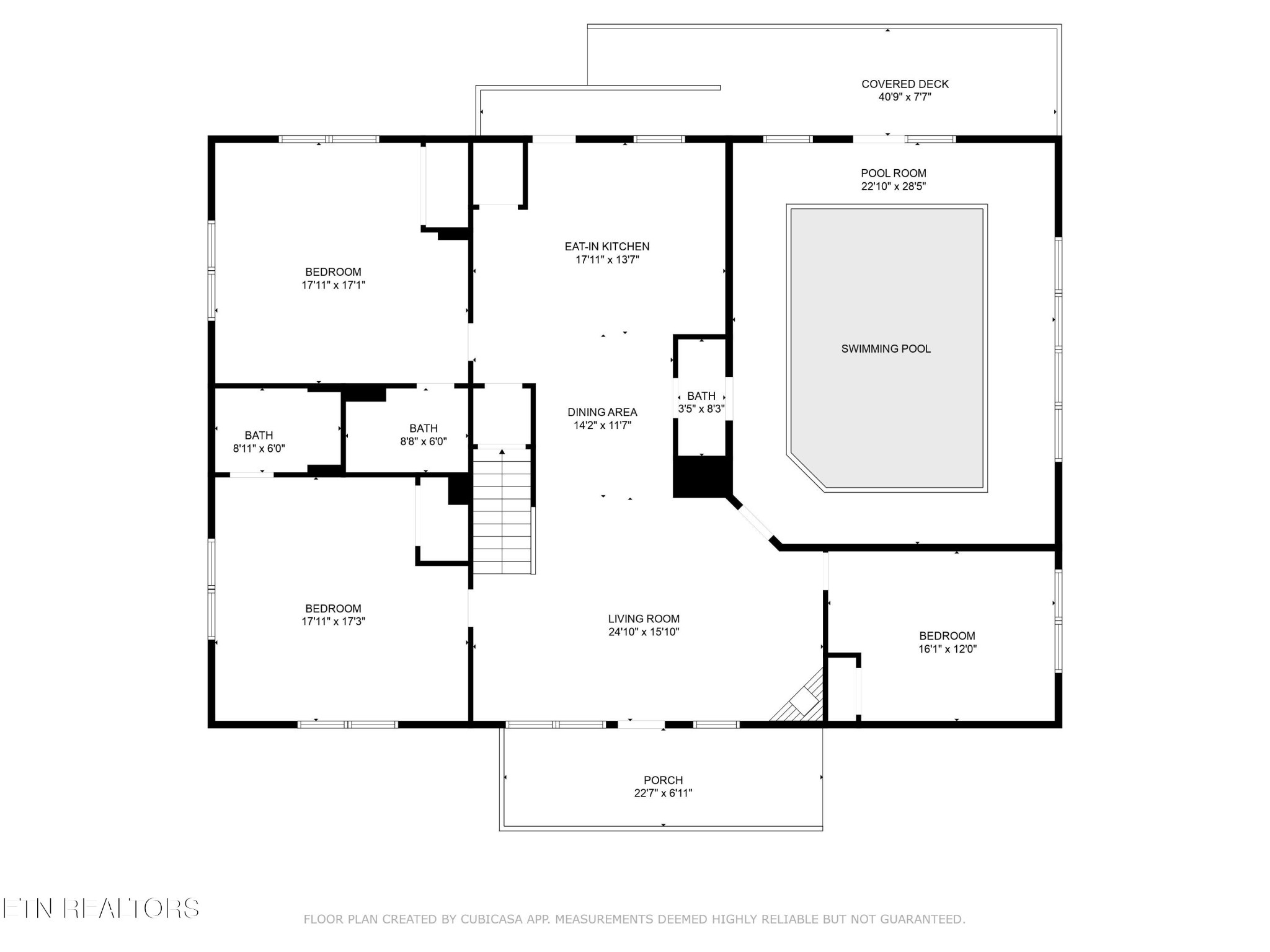 Floor plan showing three bedrooms, three bathrooms, living and dining areas, and a swimming pool with pool room.
