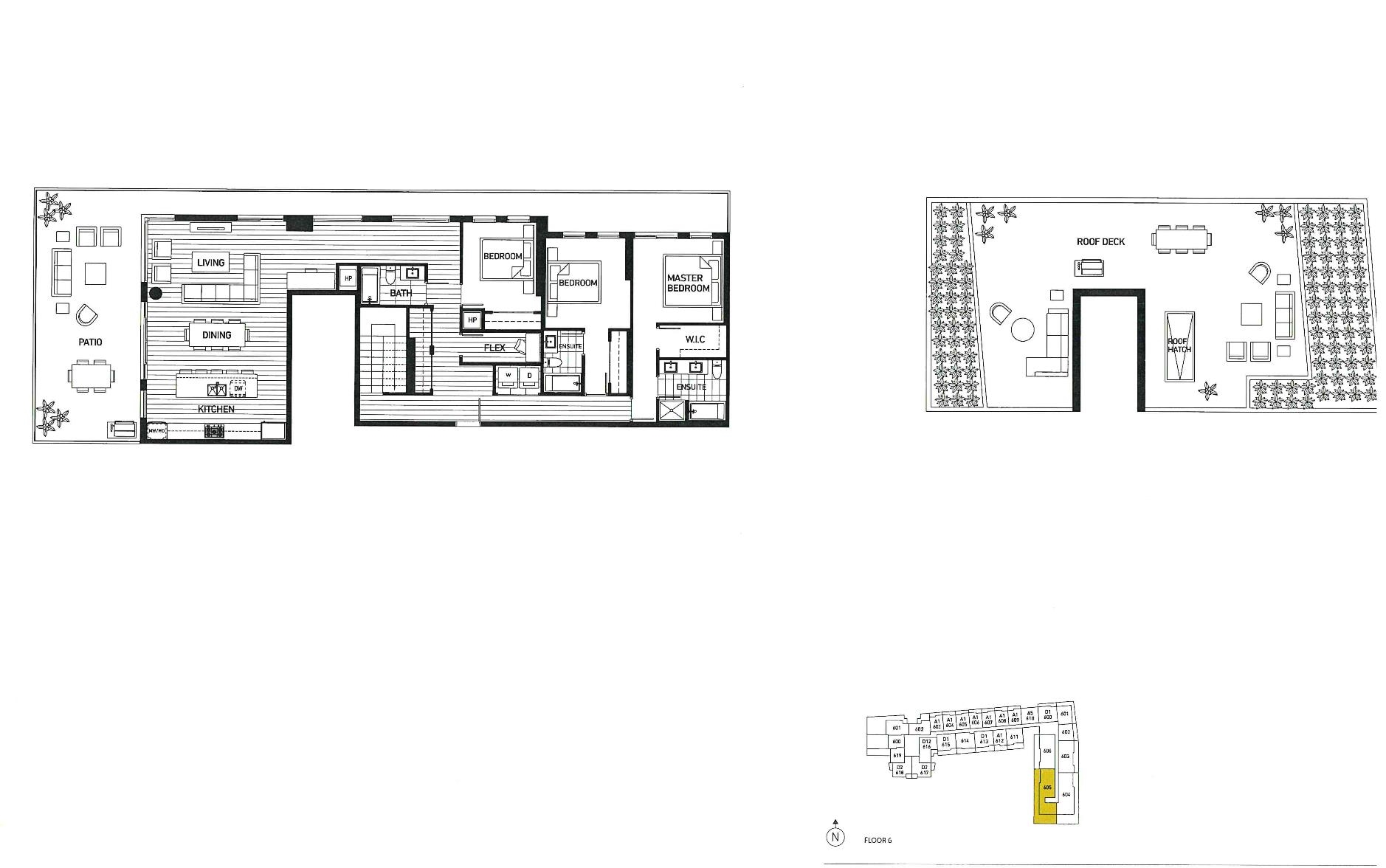 Floor plan with three bedrooms, a flex space, patio, roof deck, and unit 605 highlighted on the floor-six diagram.