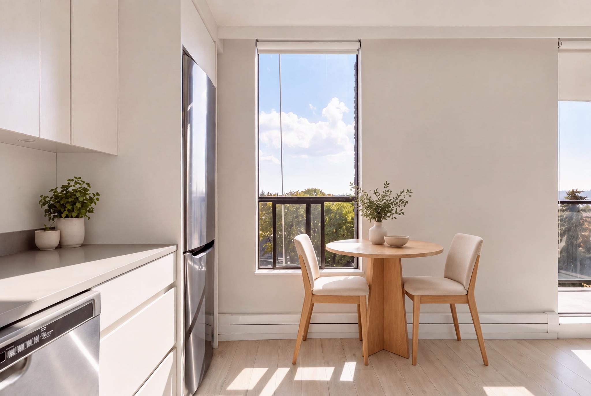 Bright kitchen dining nook with a round wood table beside large windows overlooking trees.