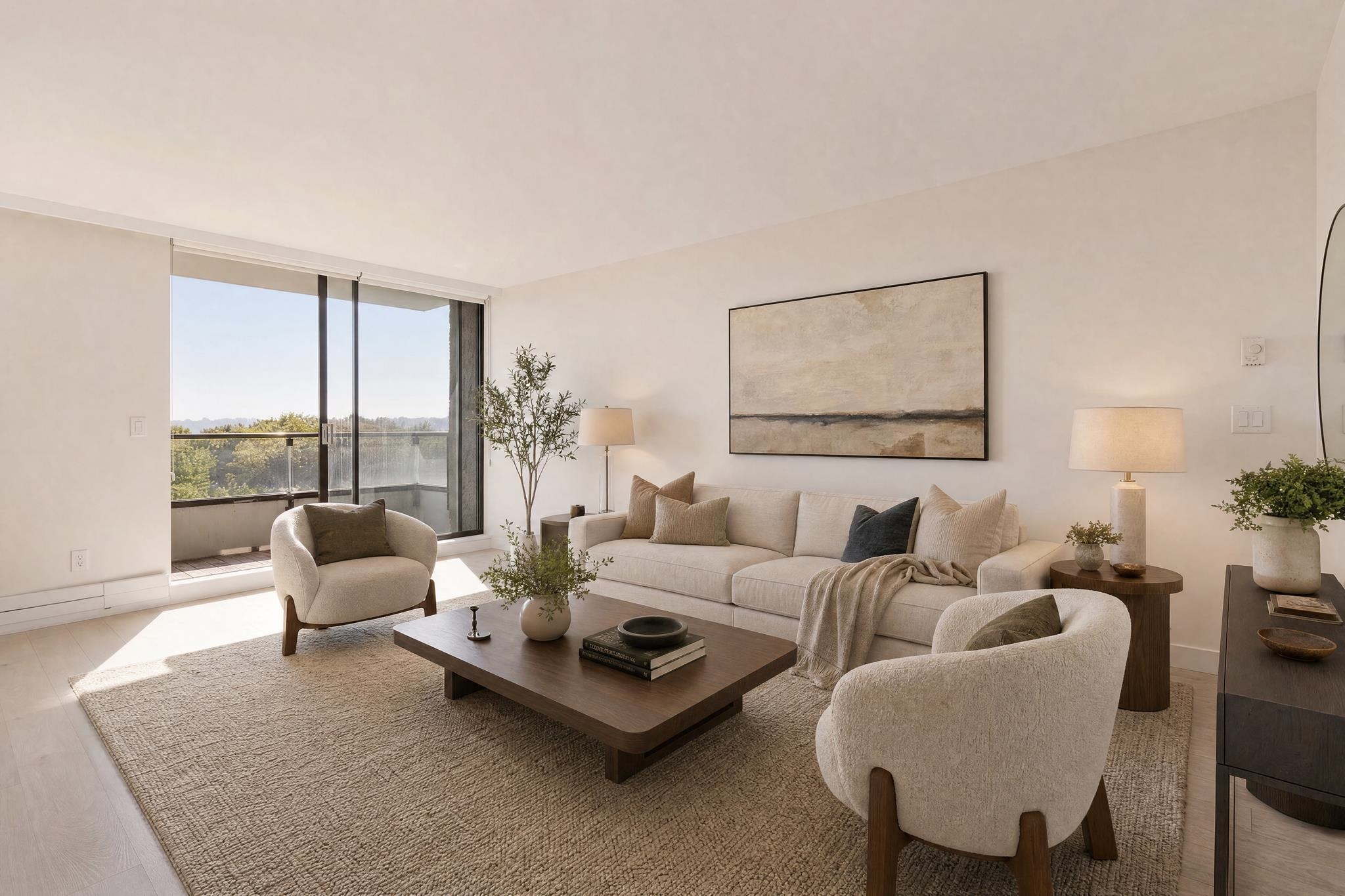 Staged living room with neutral seating, a dark wood coffee table, and sliding doors to a balcony.