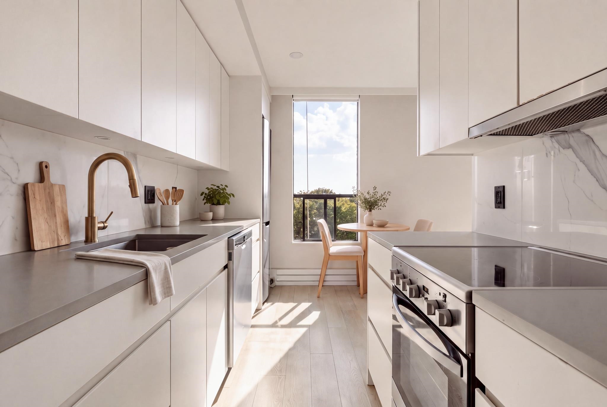 Modern white kitchen with marble-look backsplash, brass faucet, and dining table beside a tall window.