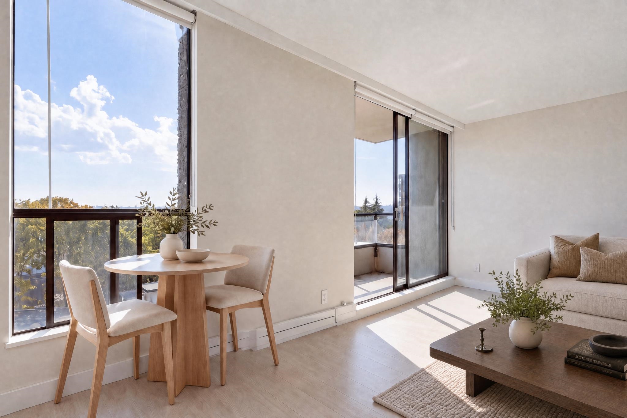 Bright living and dining area with floor-to-ceiling windows, a small balcony, and neutral furnishings.