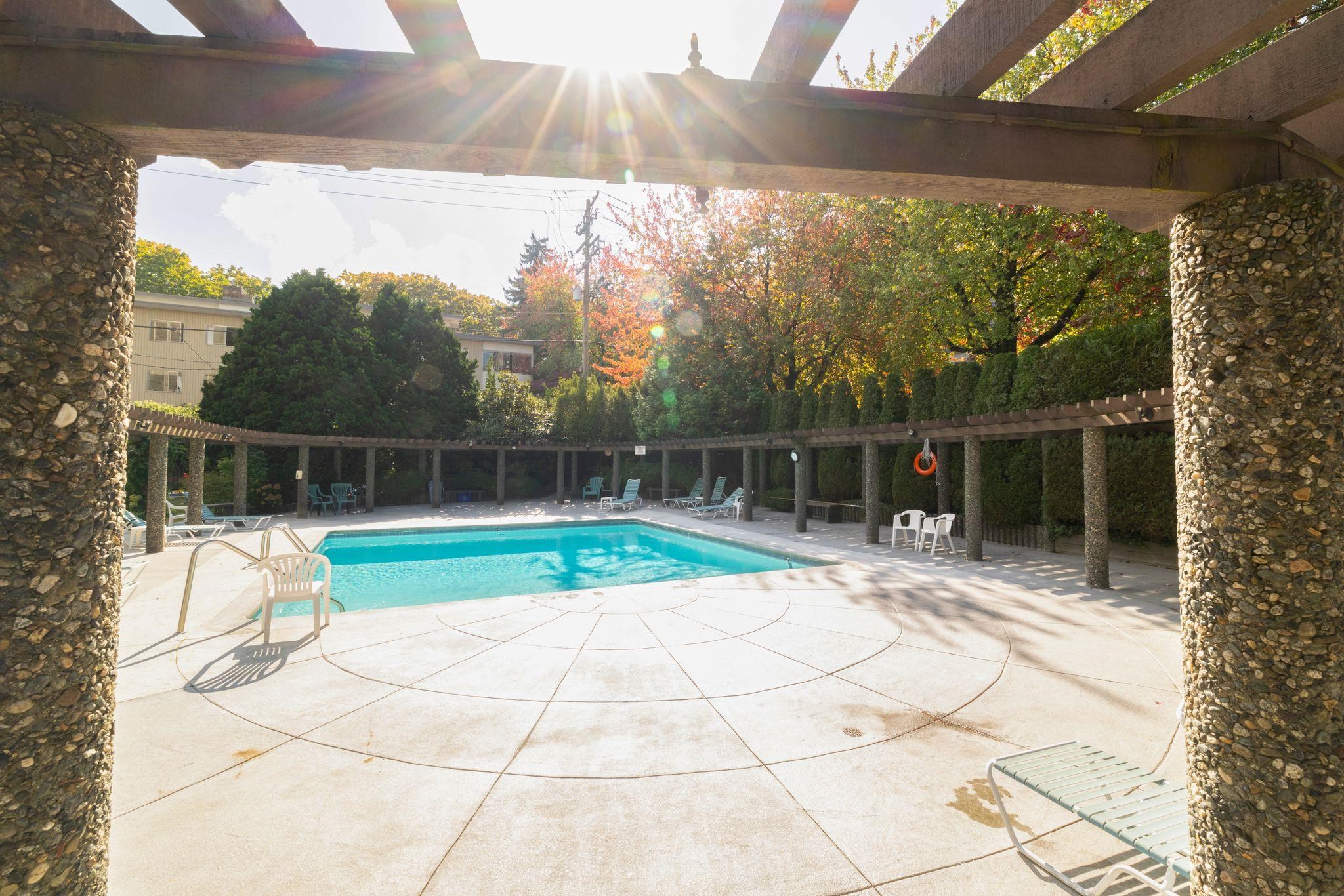 Outdoor swimming pool beneath a pergola, surrounded by lounge chairs and autumn trees.