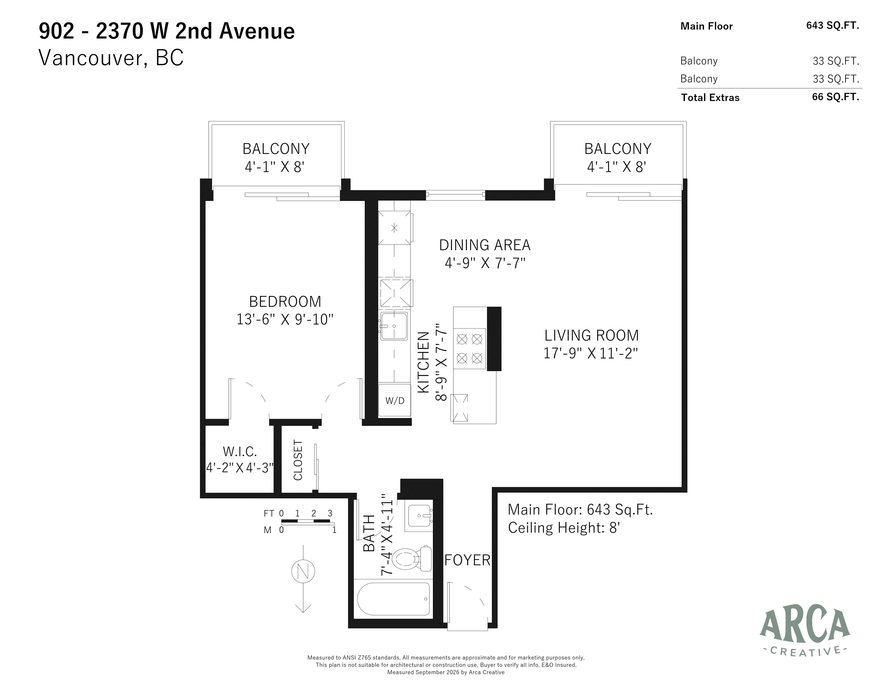 Floor plan for a 643-square-foot Vancouver apartment, with one bedroom and two balconies.