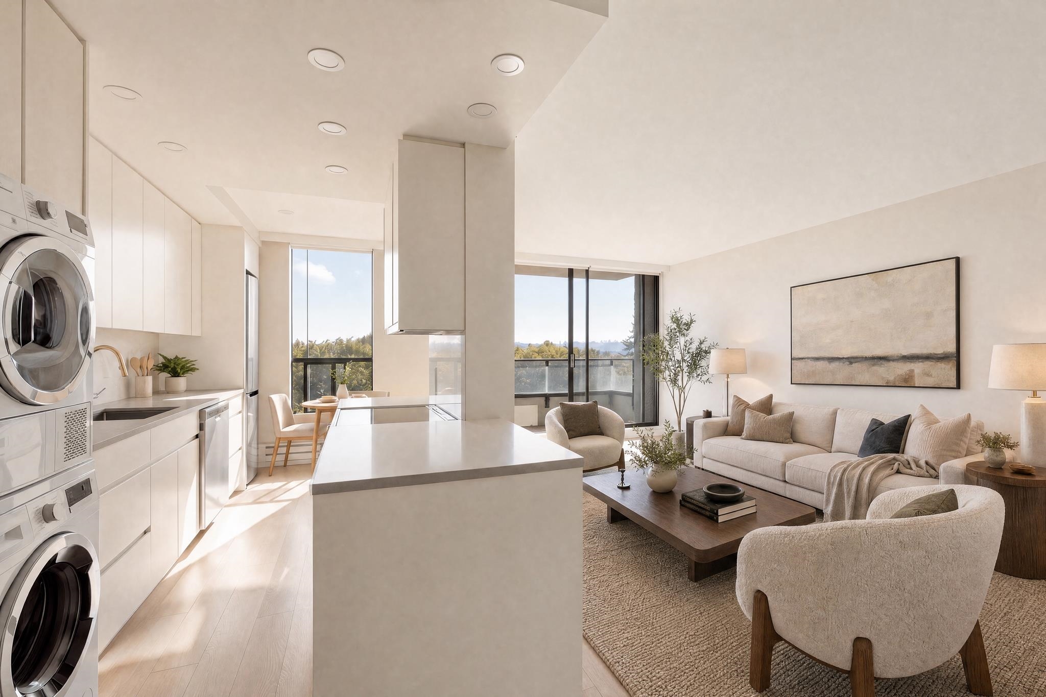 Open-plan condo kitchen and living room with a large island, stacked laundry machines, and balcony windows.