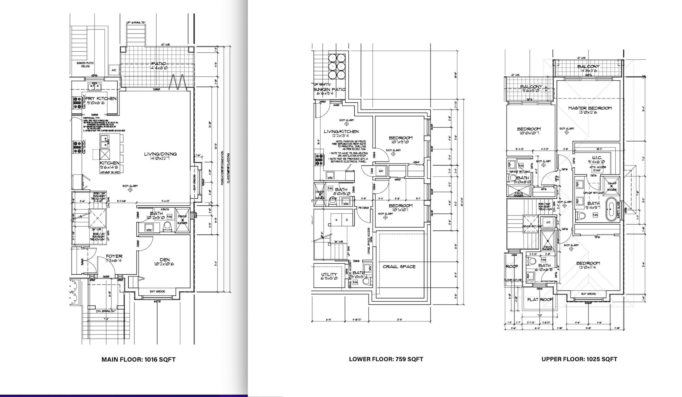 Three-level floor plan showing the main, lower, and upper floors.