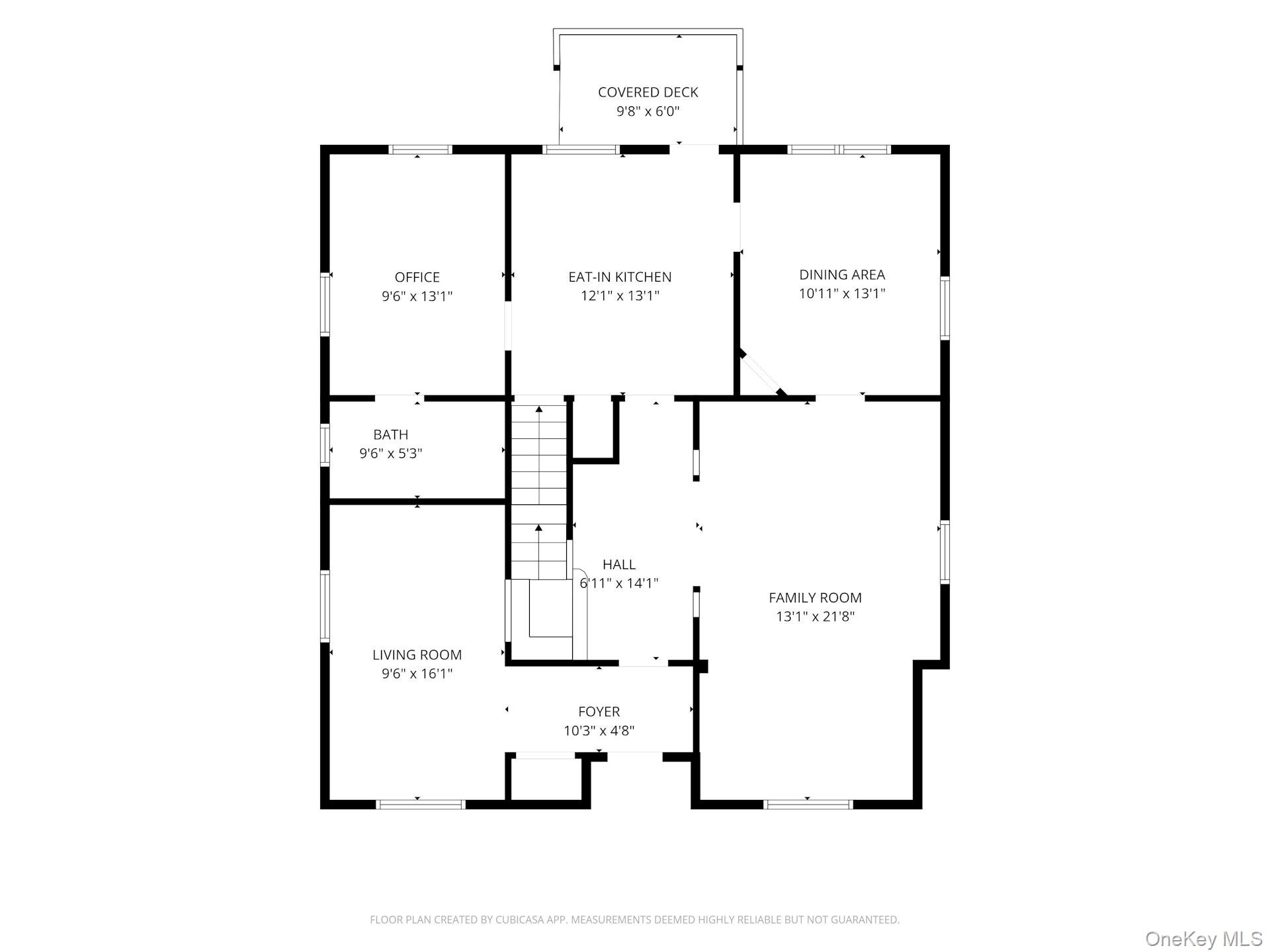 Floor plan showing the office, eat-in kitchen, dining area, living room, family room, and covered deck.