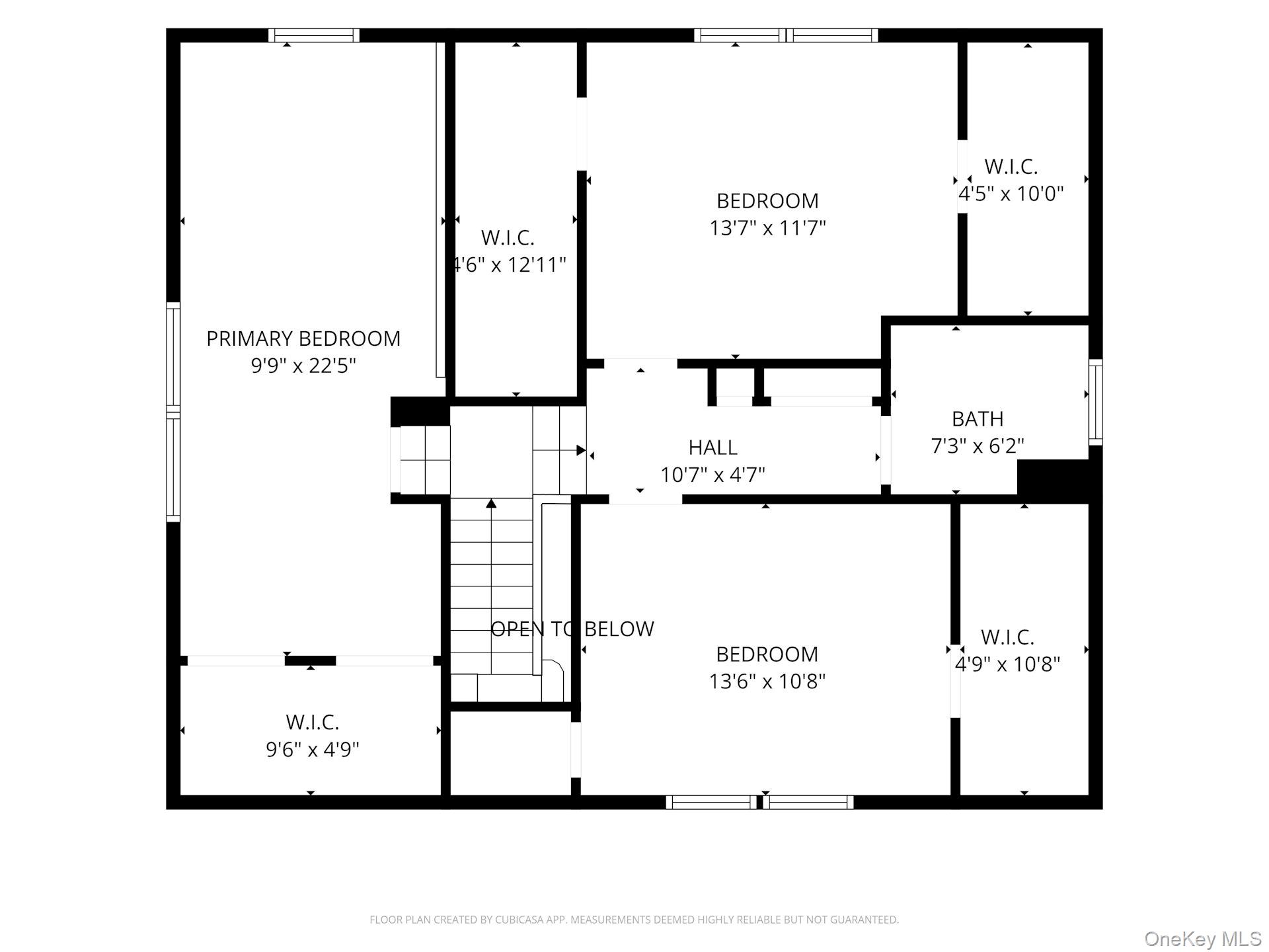 Upper-floor plan with three bedrooms, walk-in closets, a bath, hall, stairs, and an open-to-below area.