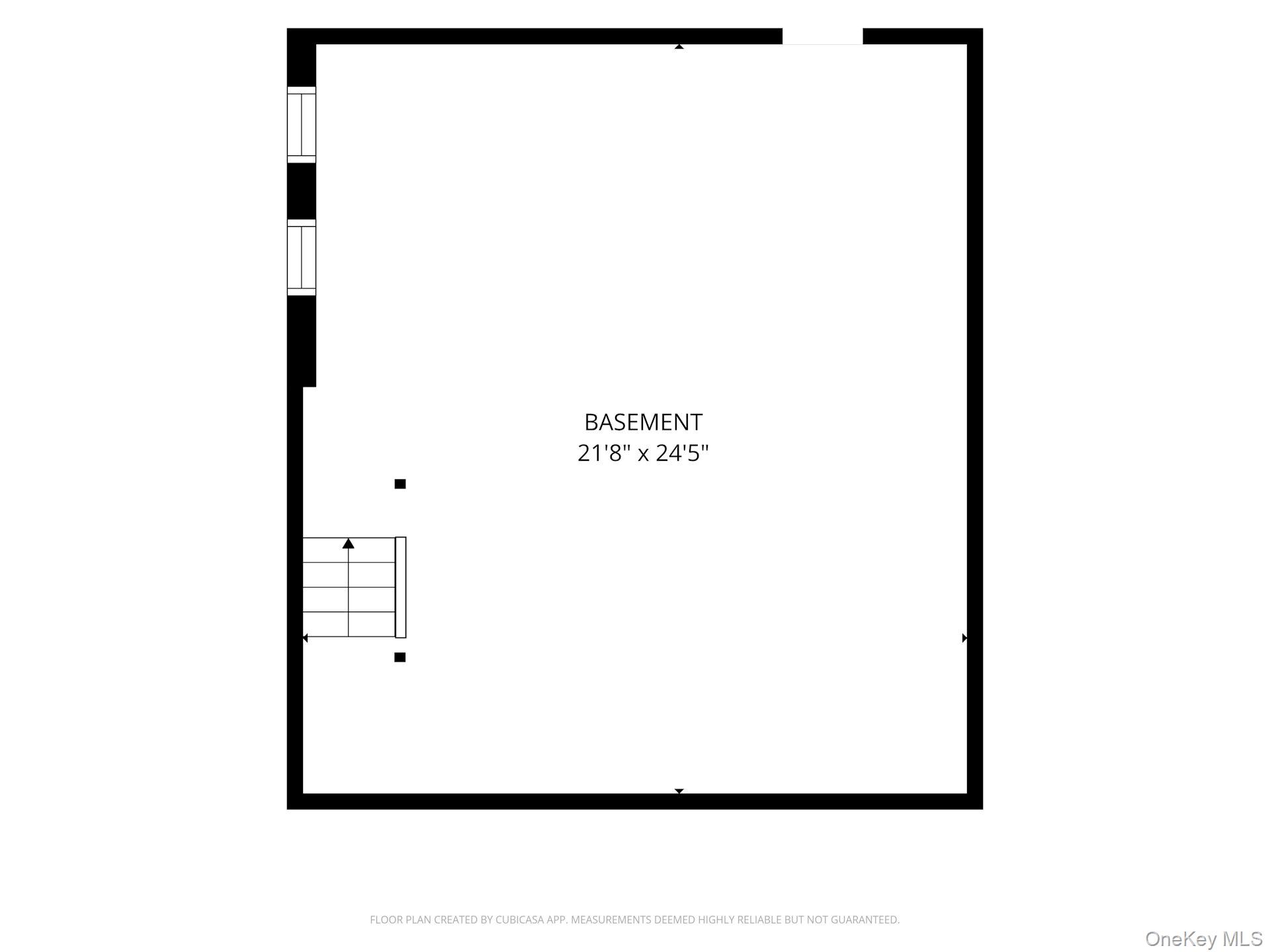 Basement floor plan measuring 21 feet 8 inches by 24 feet 5 inches, with stairs along the left wall.