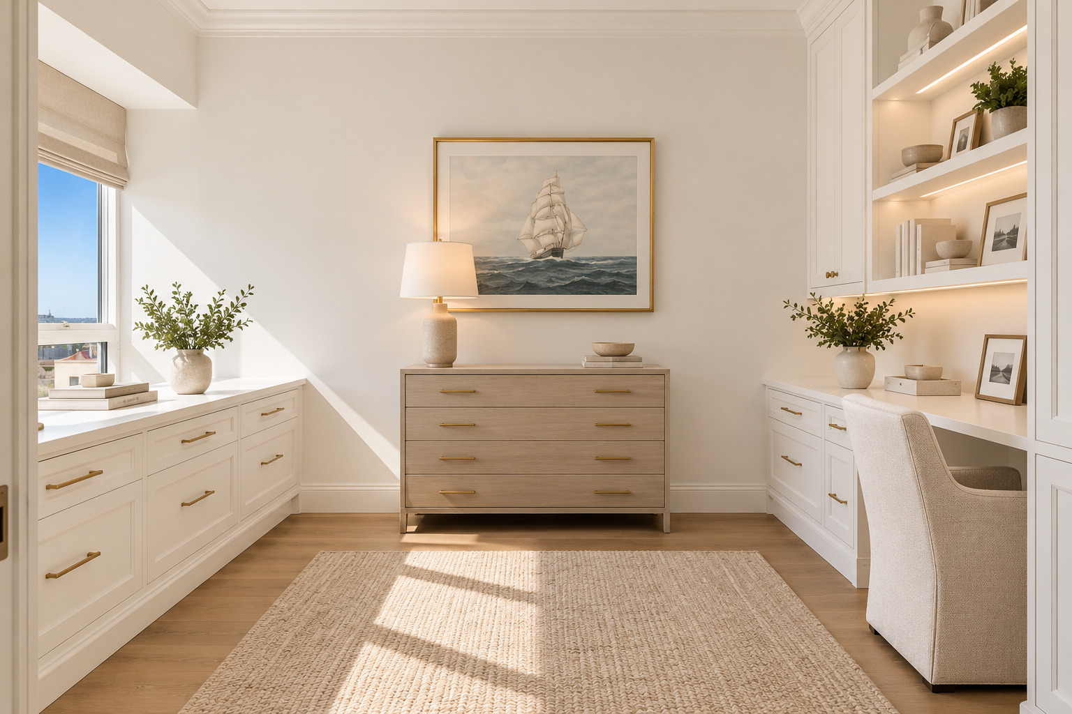 Dressing room with white built-ins, illuminated shelves, a central dresser, and sunlight across a textured rug.