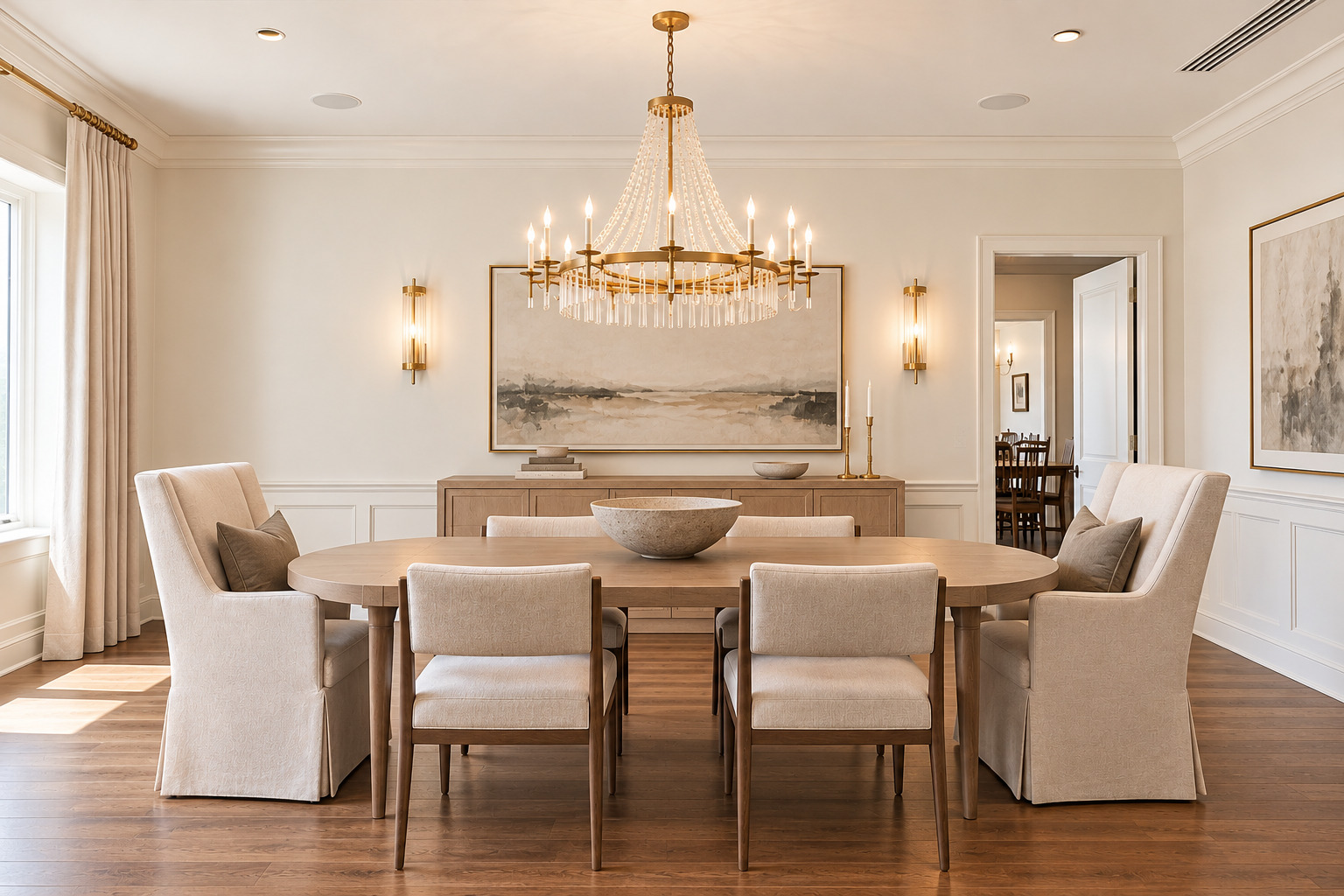 Dining room with an oval wood table, upholstered chairs, and a large crystal chandelier.